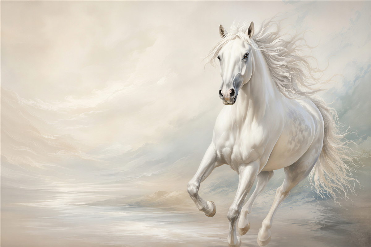 Papier peint galop d'un puissant cheval blanc avec crinière