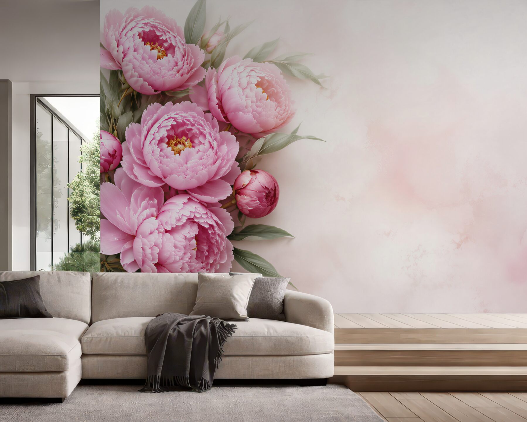 Papier peint gros boutons de pivoines roses