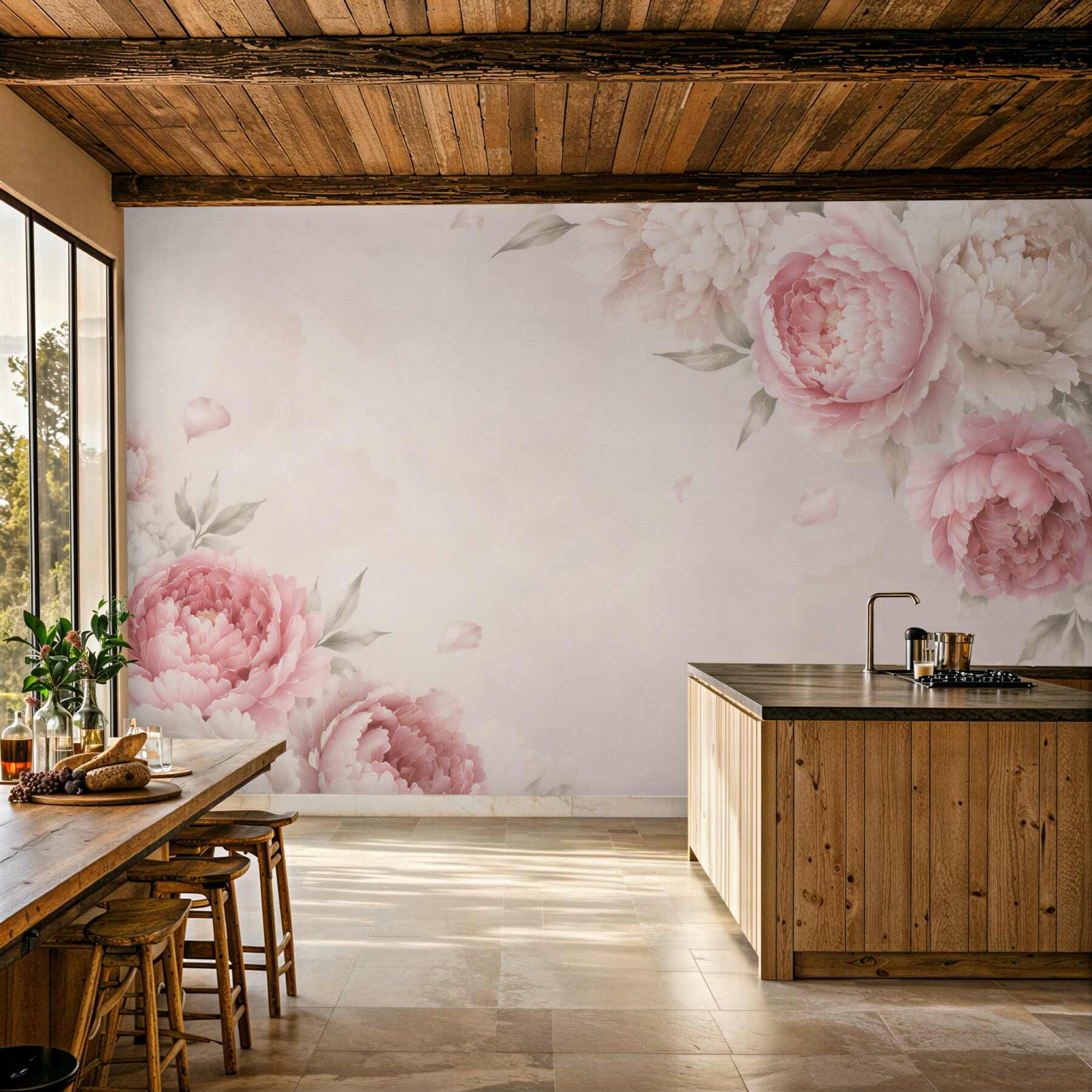 Papier peint branches de grandes pivoines roses