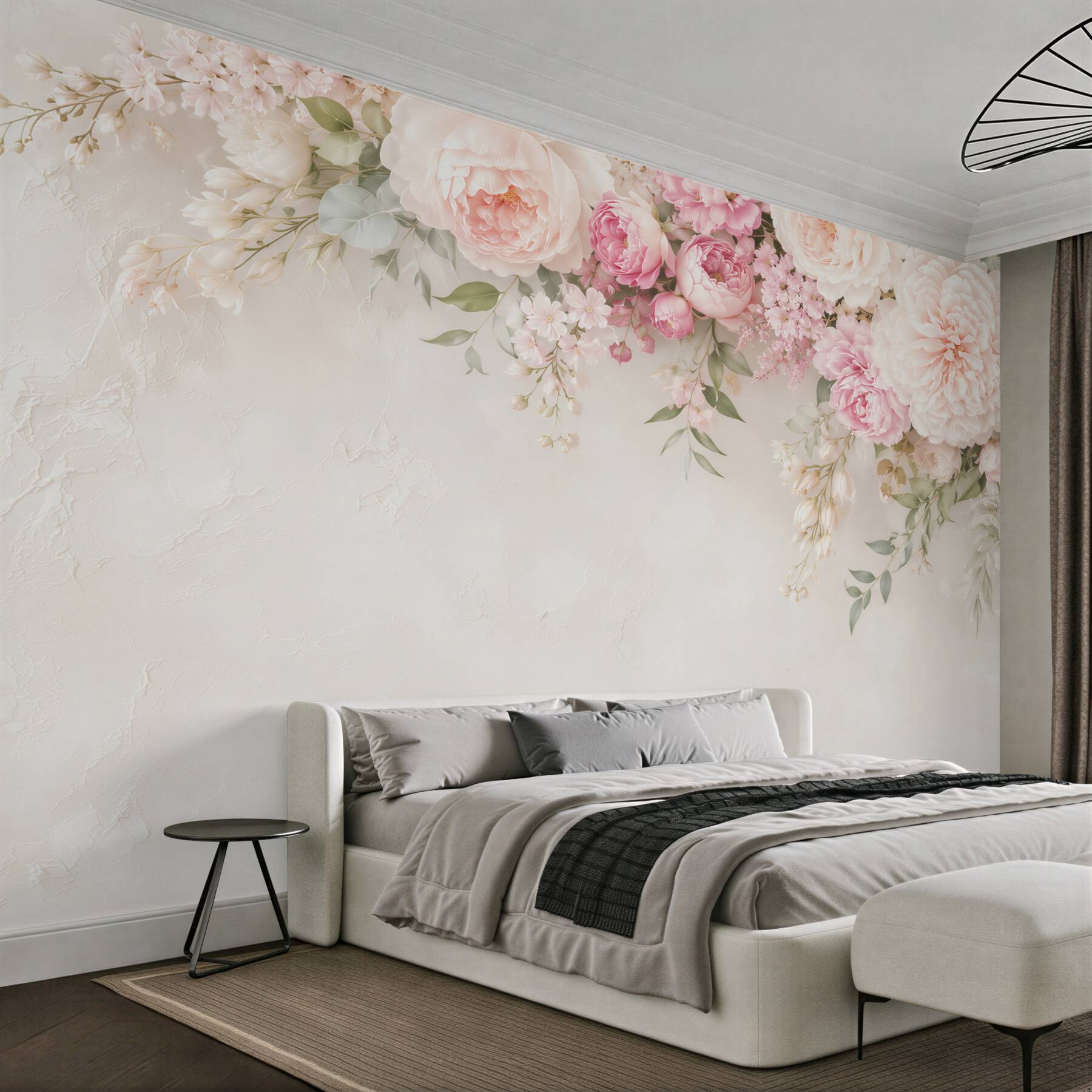 Papier peint cadre blanc et rose avec des fleurs