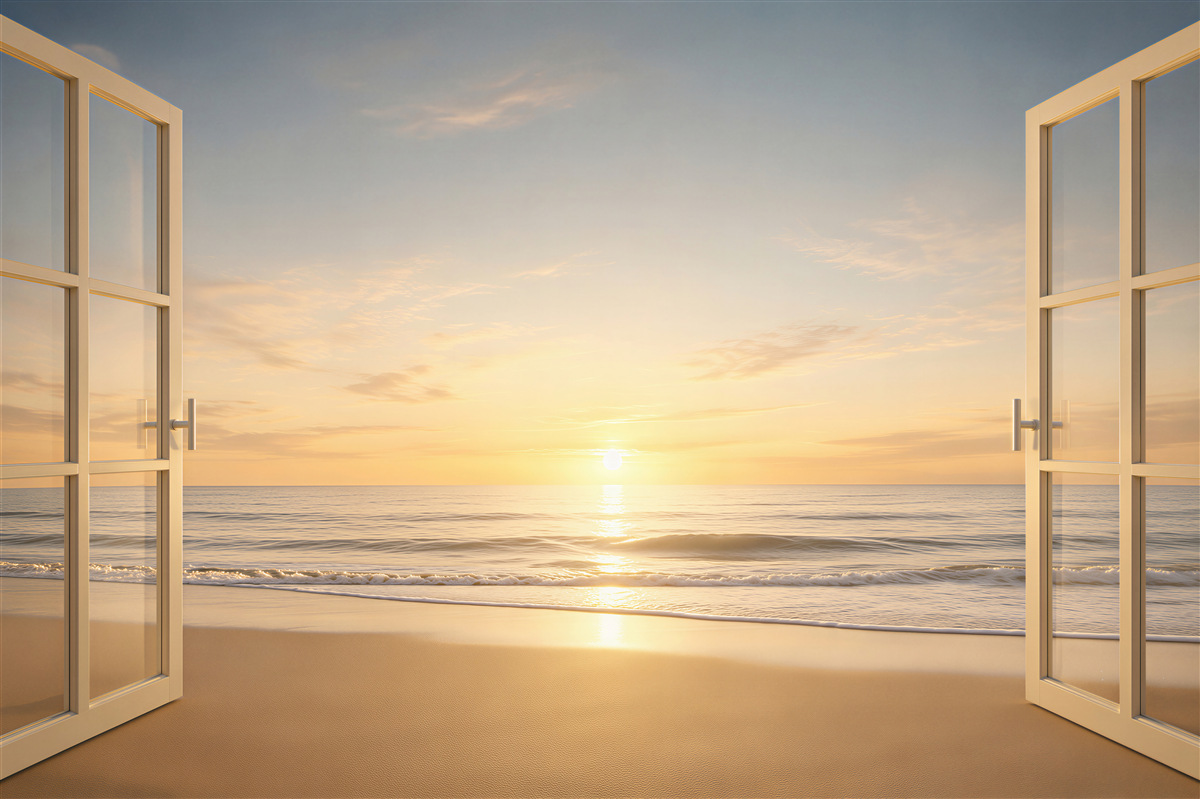 Papier peint magnifique coucher de soleil sur la mer depuis la fenêtre