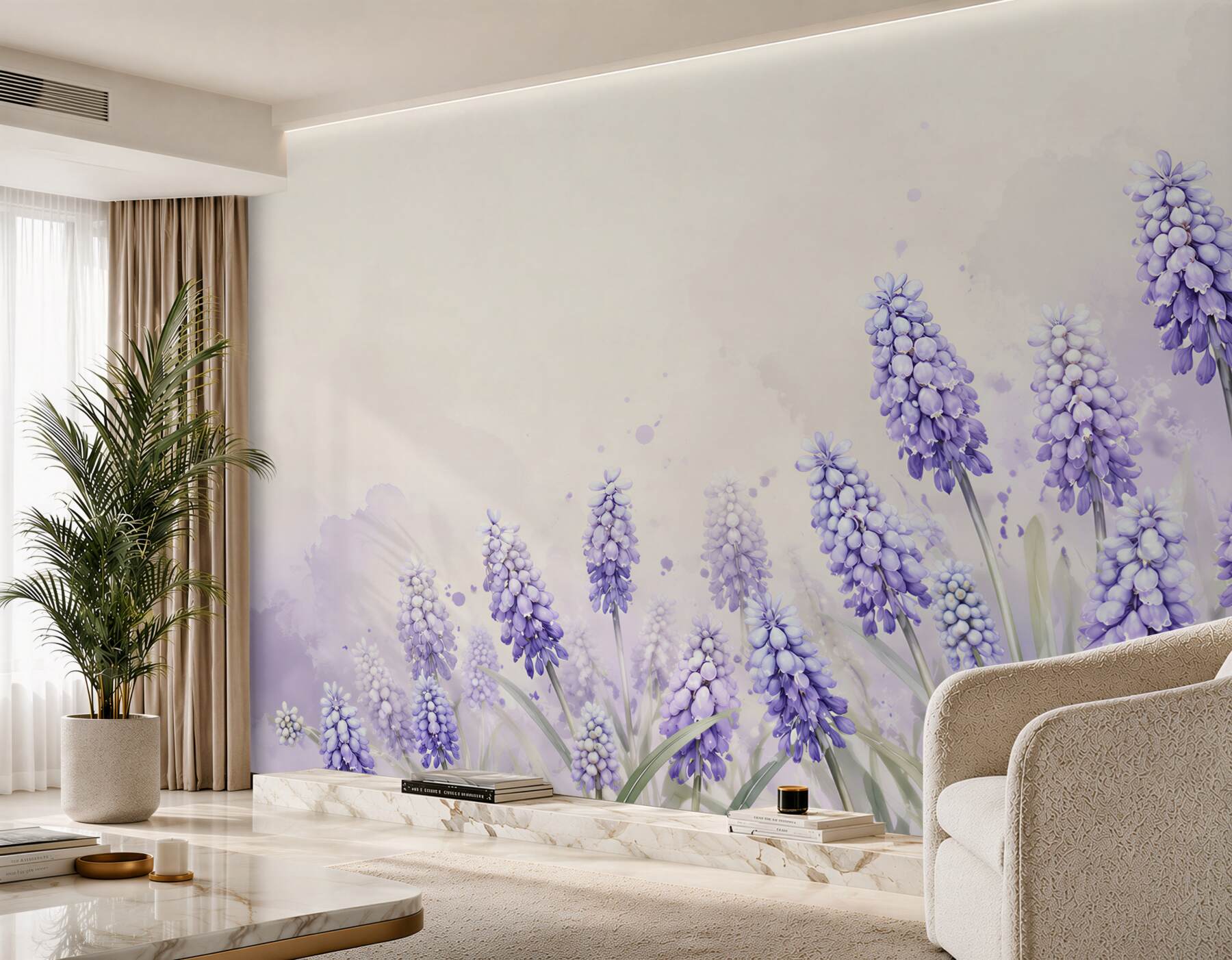 Papier peint champ de belles fleurs violettes