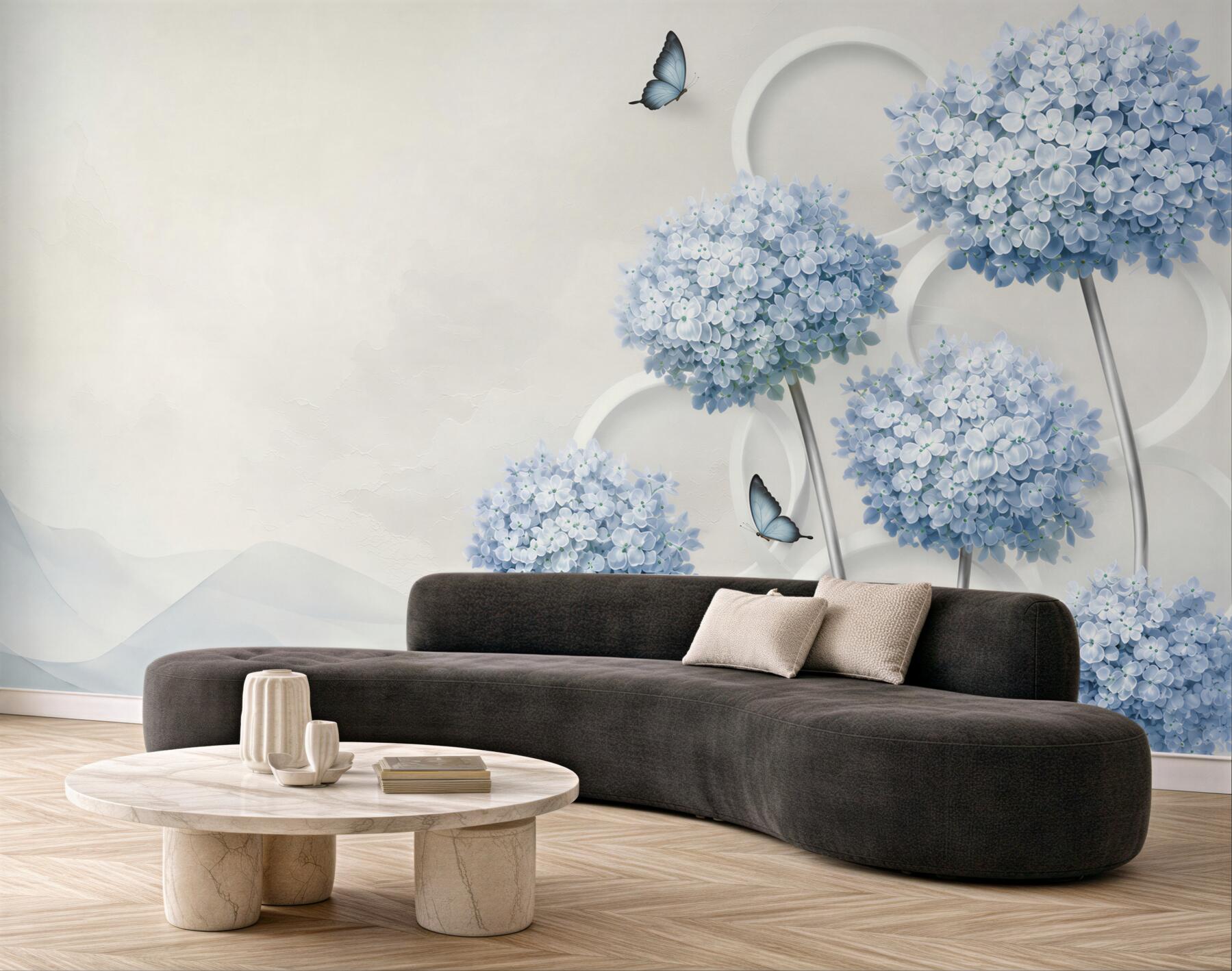 Papier peint branches bleues de fleurs de lilas sur fond abstrait