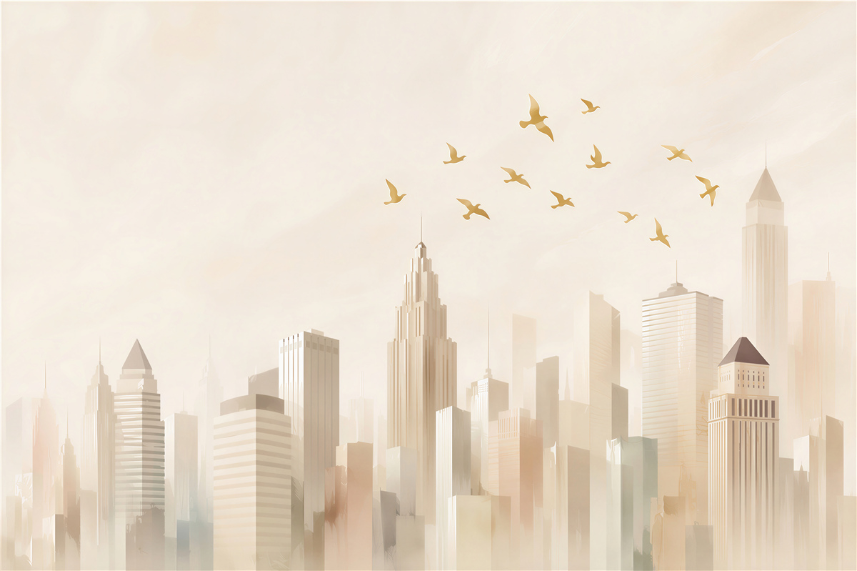 Papier peint oiseaux au-dessus d'une ville abstraite