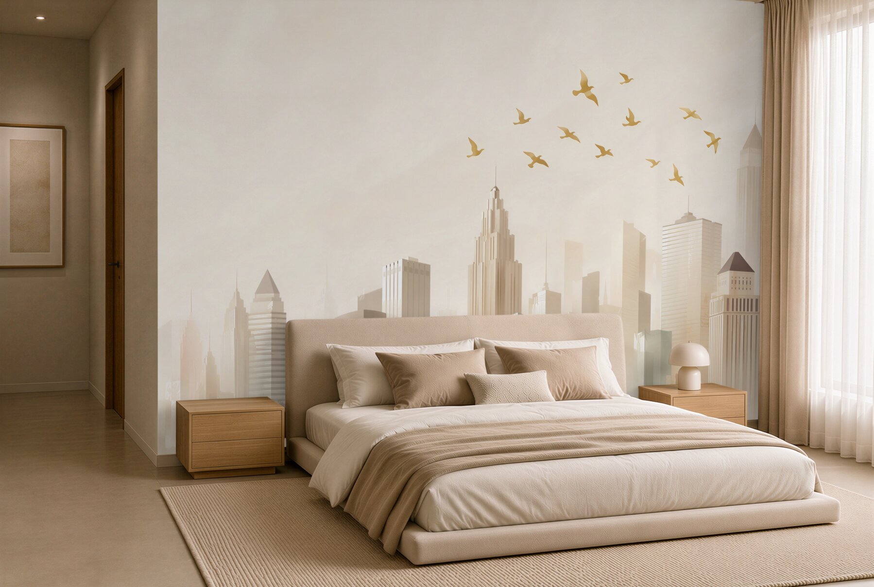 Papier peint oiseaux au-dessus d'une ville abstraite