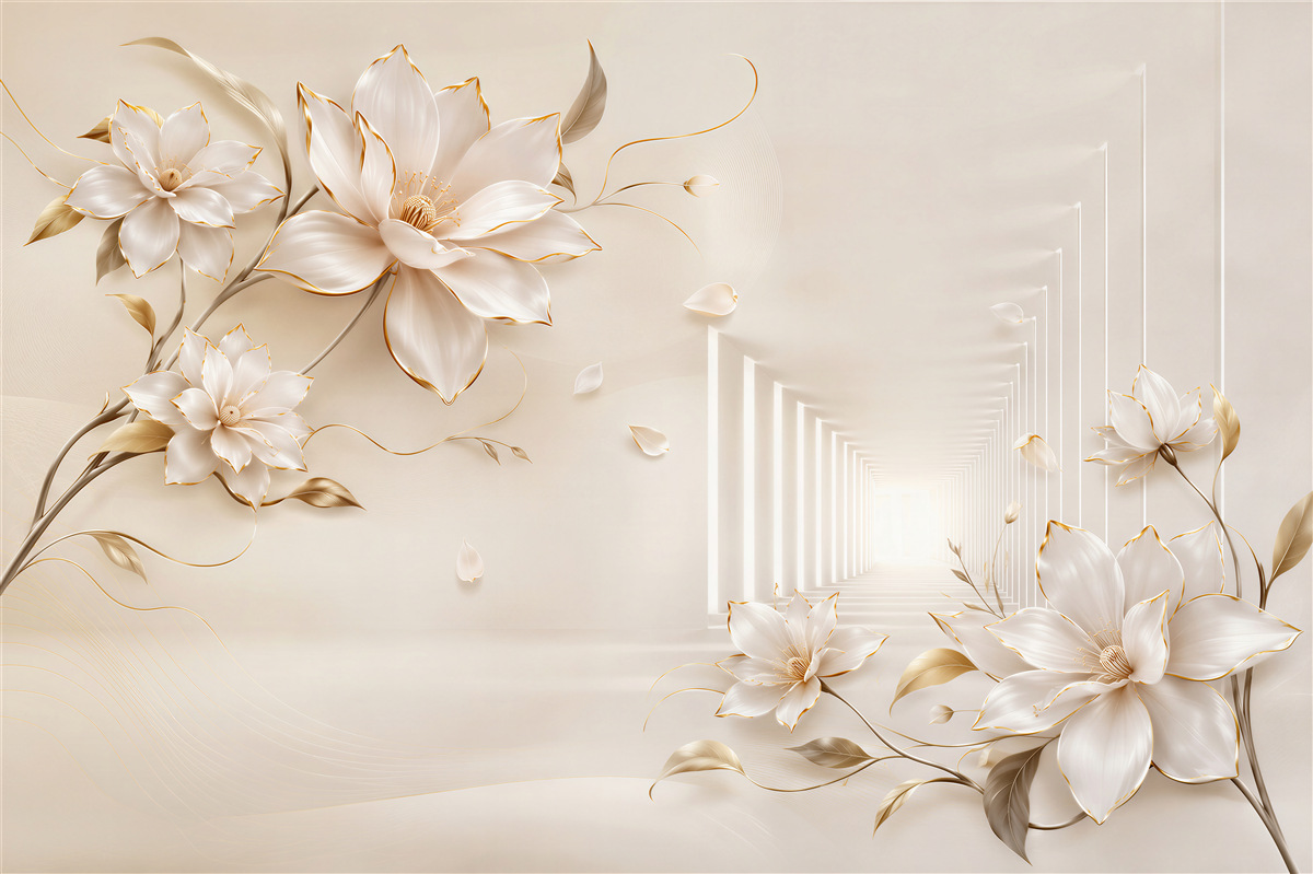 Papier peint tunnel abstrait de fleurs et de colonnes