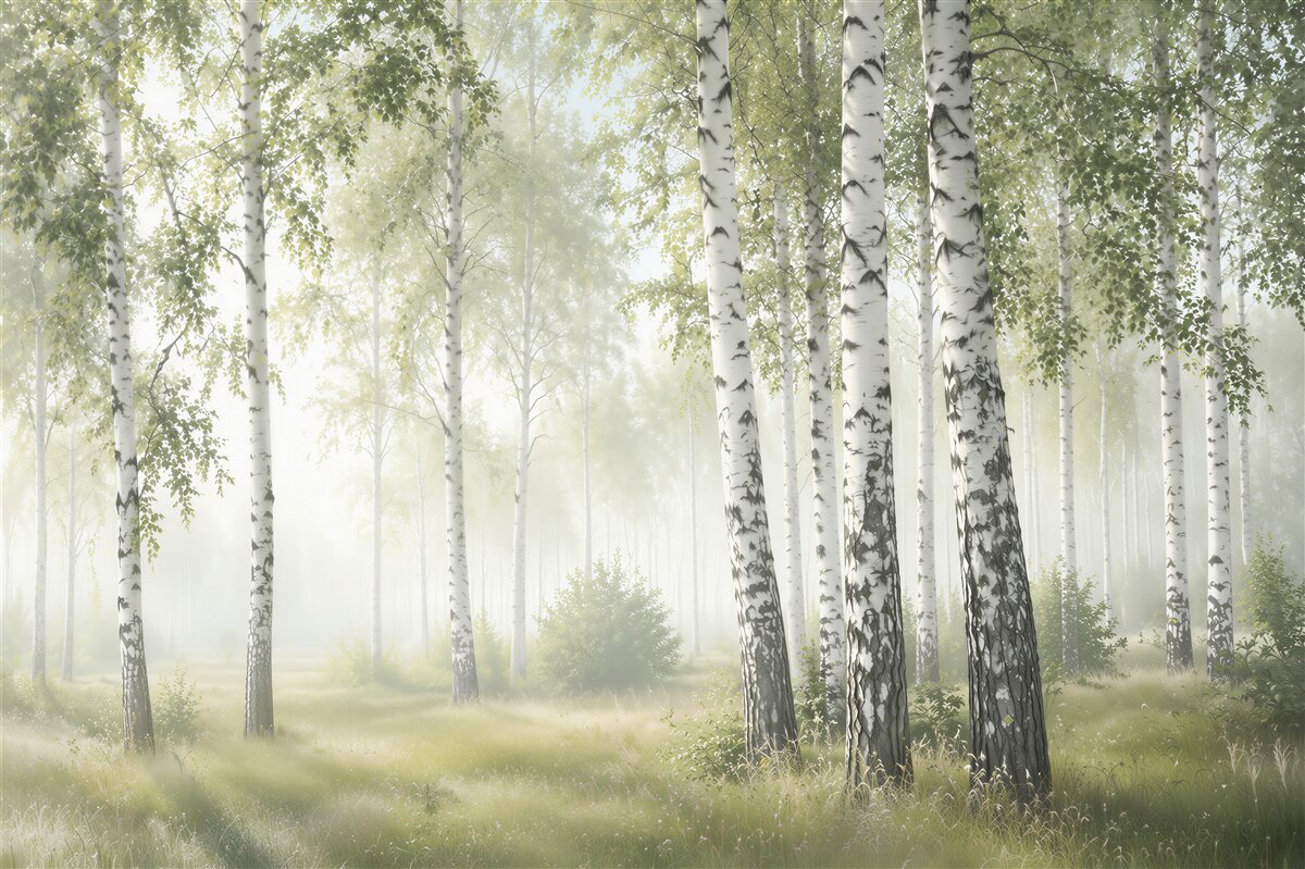 Papier peint bouleaux verts élancés sur la prairie