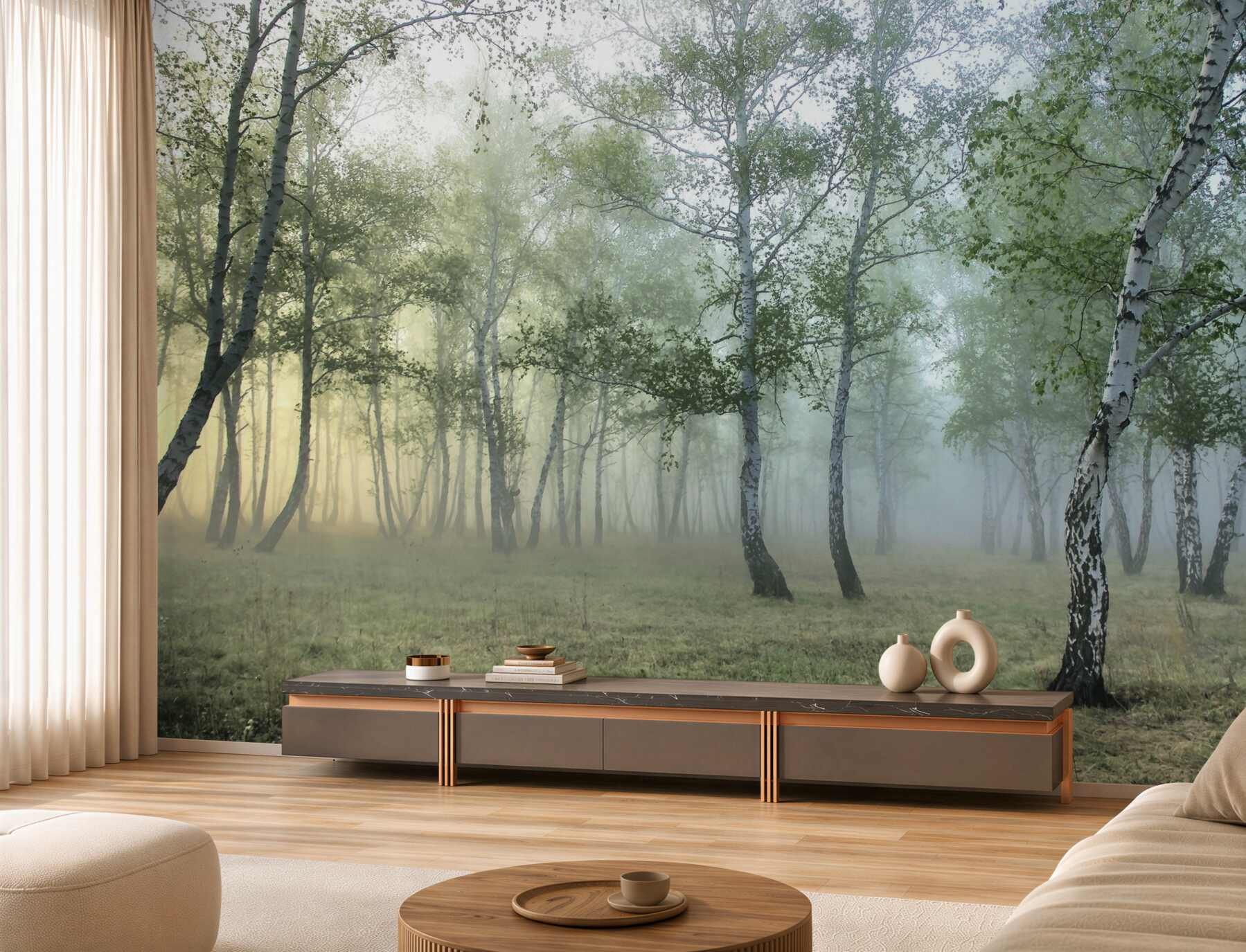 Papier peint bouleaux élancés dans la brume du matin