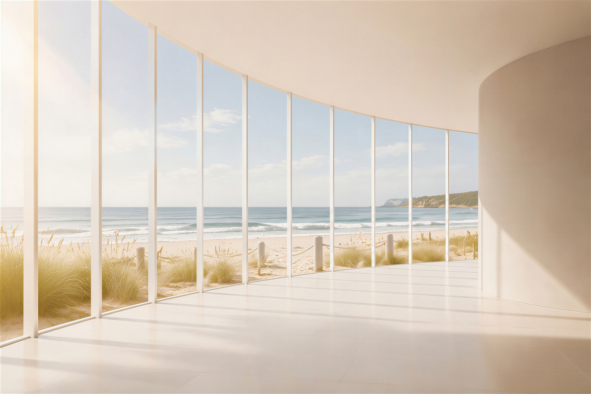 Papier peint vue sur la mer à travers des fenêtres blanches dans le hall