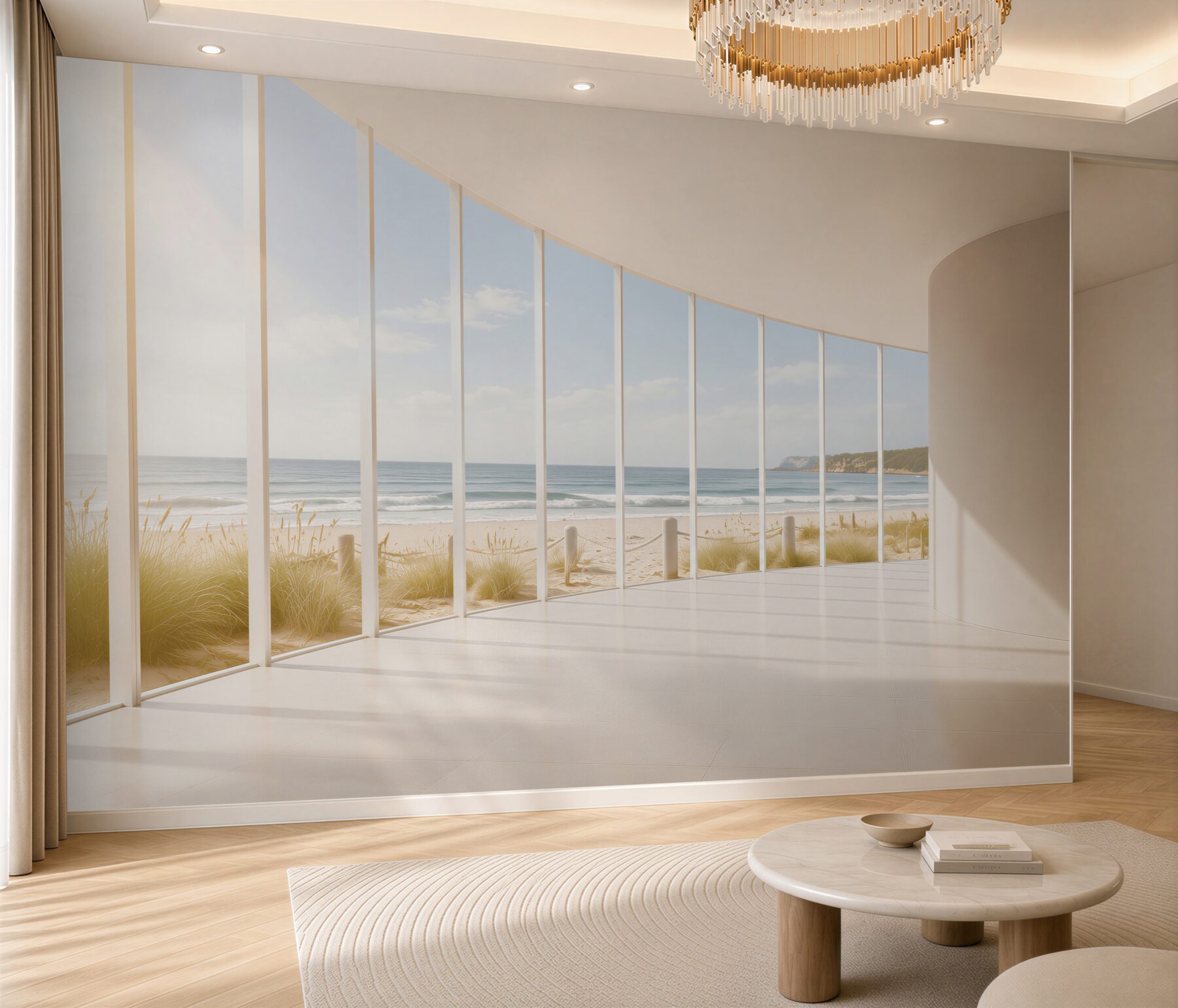 Papier peint vue sur la mer à travers des fenêtres blanches dans le hall