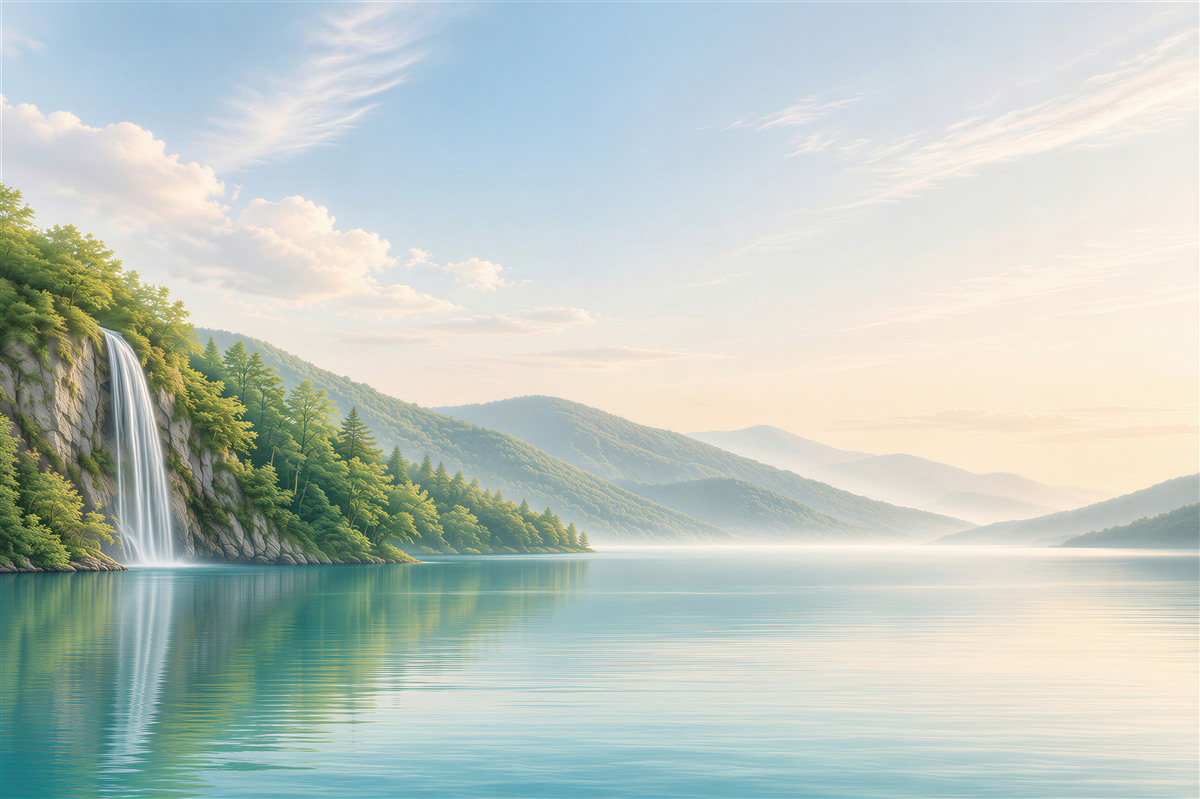 Papier peint petit-déjeuner romantique avec vue sur la cascade