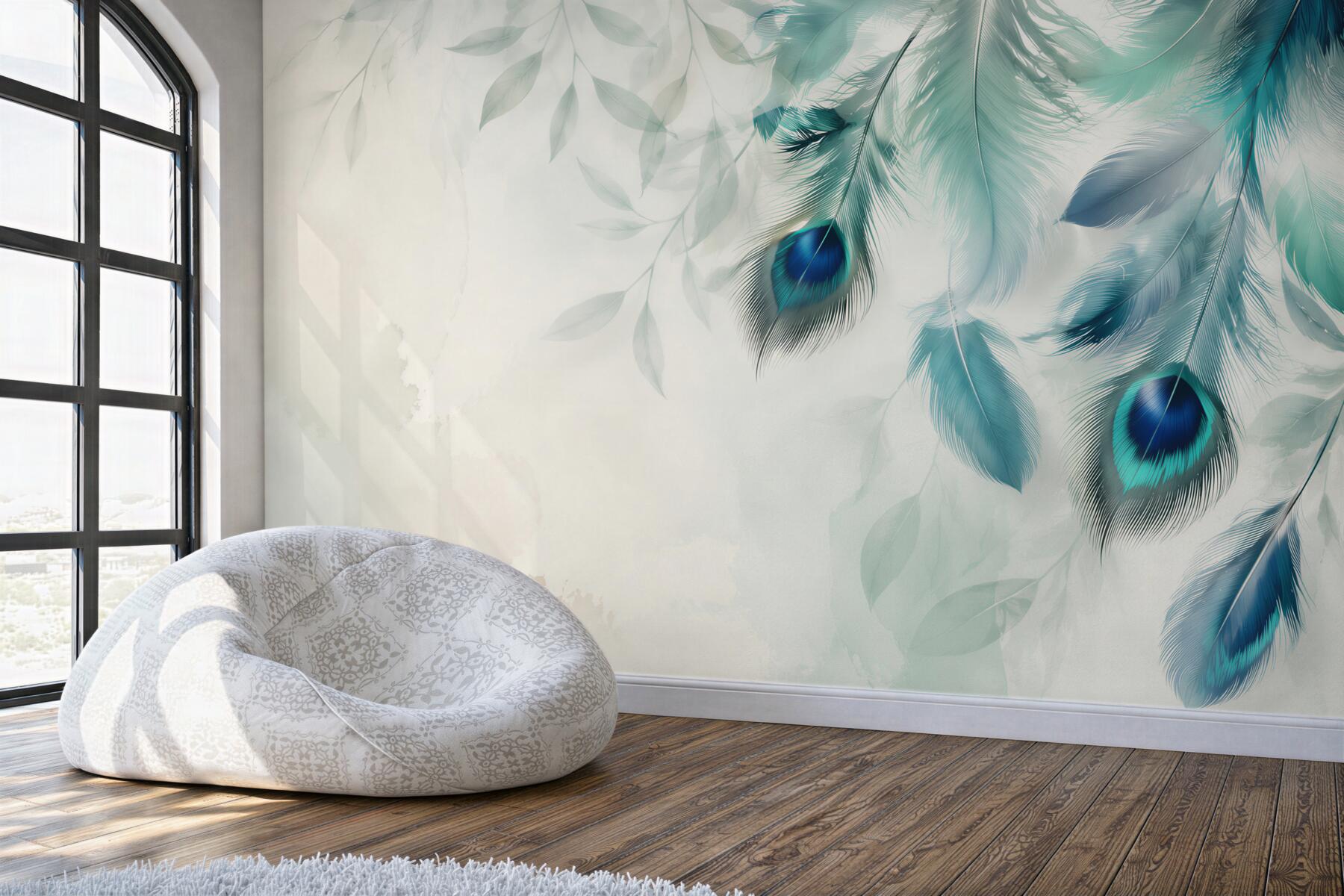 Papier peint plumes de paon turquoise