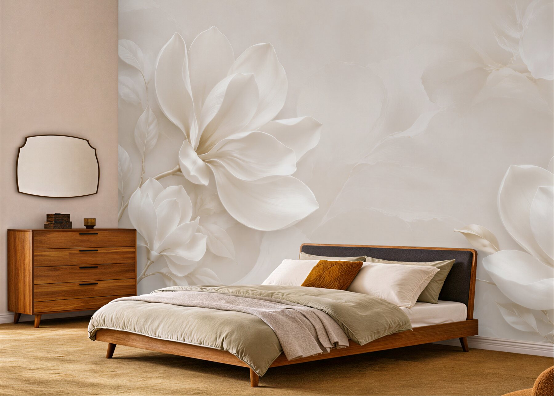 Papier peint fleurs et oiseaux en tissu blanc