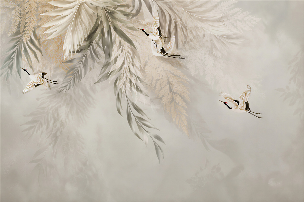 Papier peint grandes feuilles et oiseaux