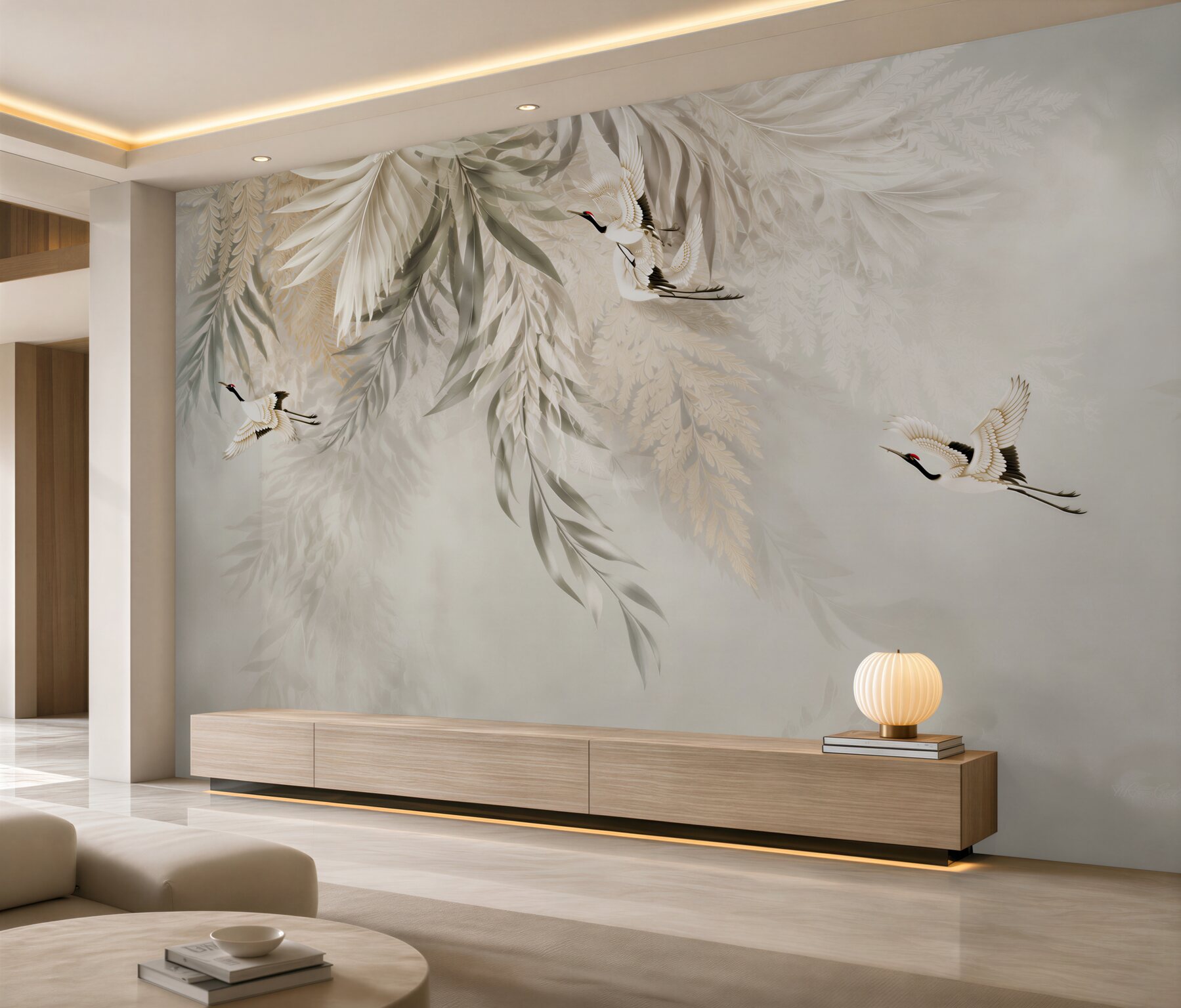 Papier peint grandes feuilles et oiseaux