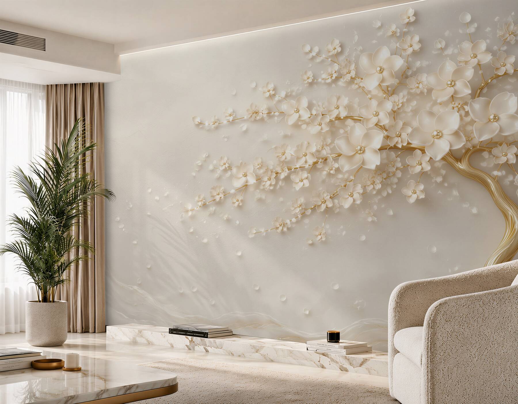 Papier peint arbre doré avec de délicates petites fleurs