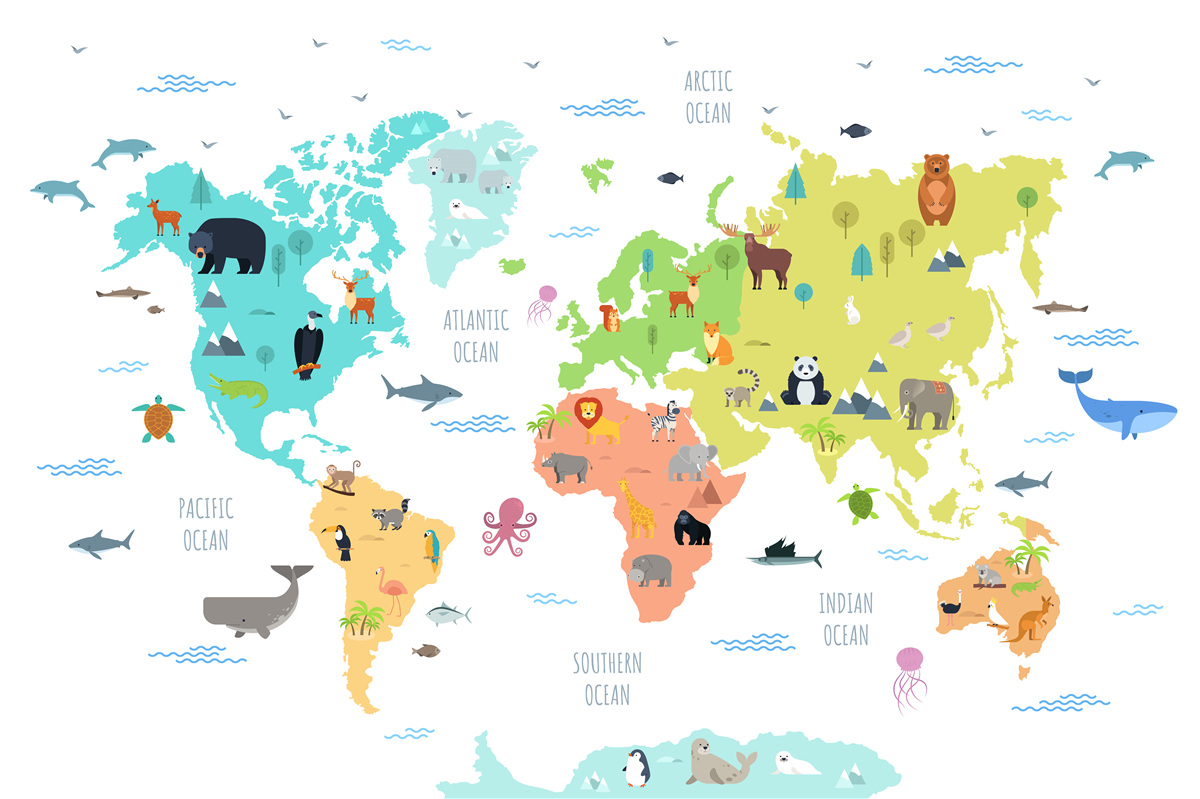 Papier peint carte du monde multicolore avec animaux