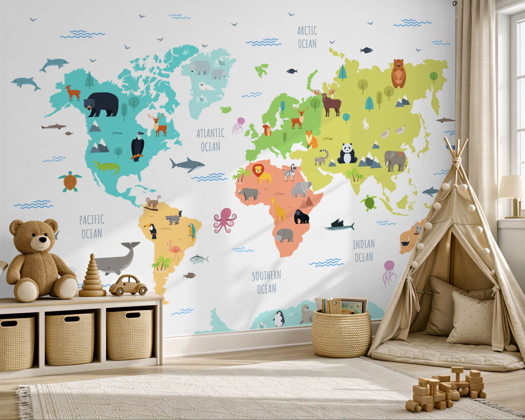 Papier peint carte du monde multicolore avec animaux