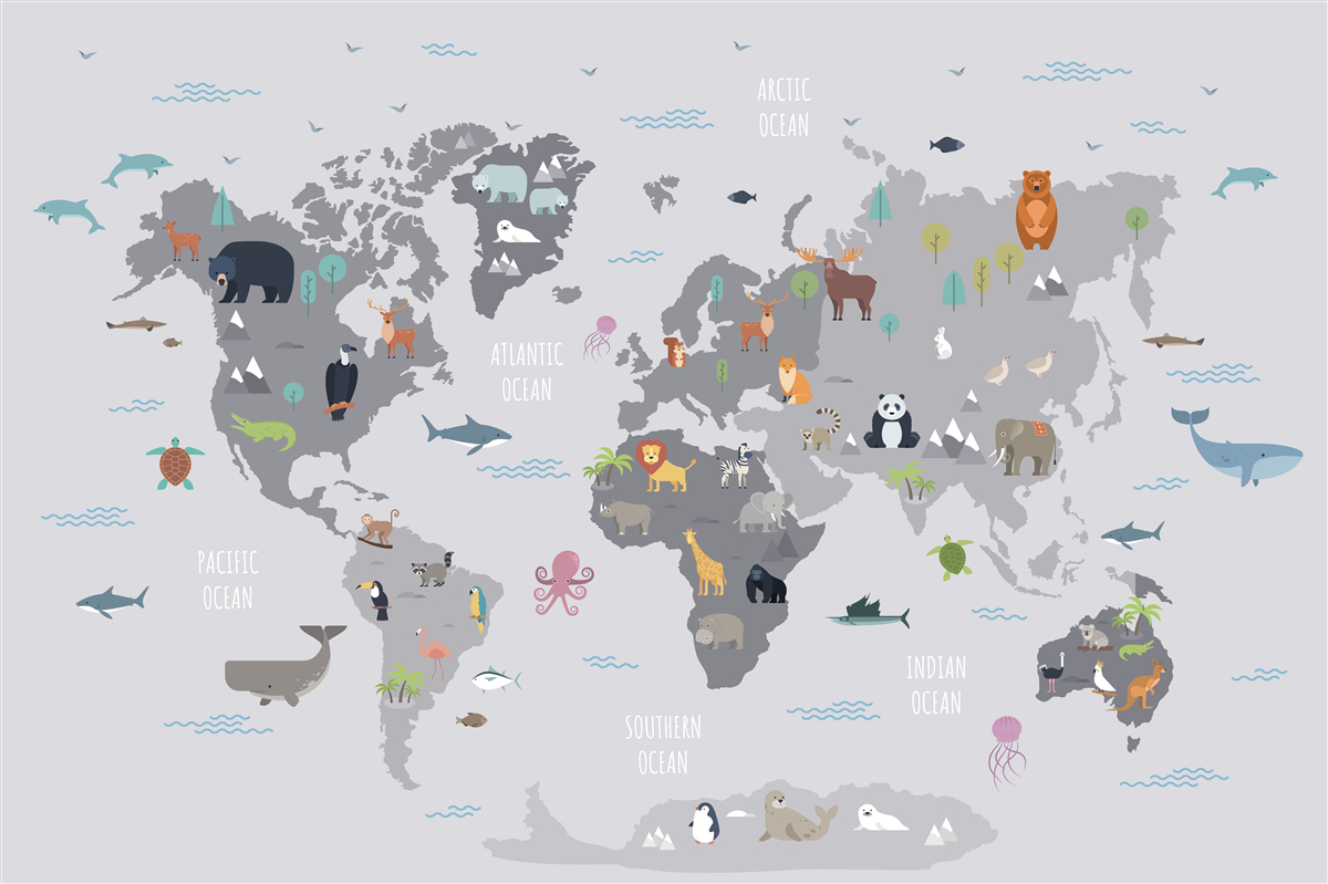 Papier peint carte du monde avec animaux en couleurs grises