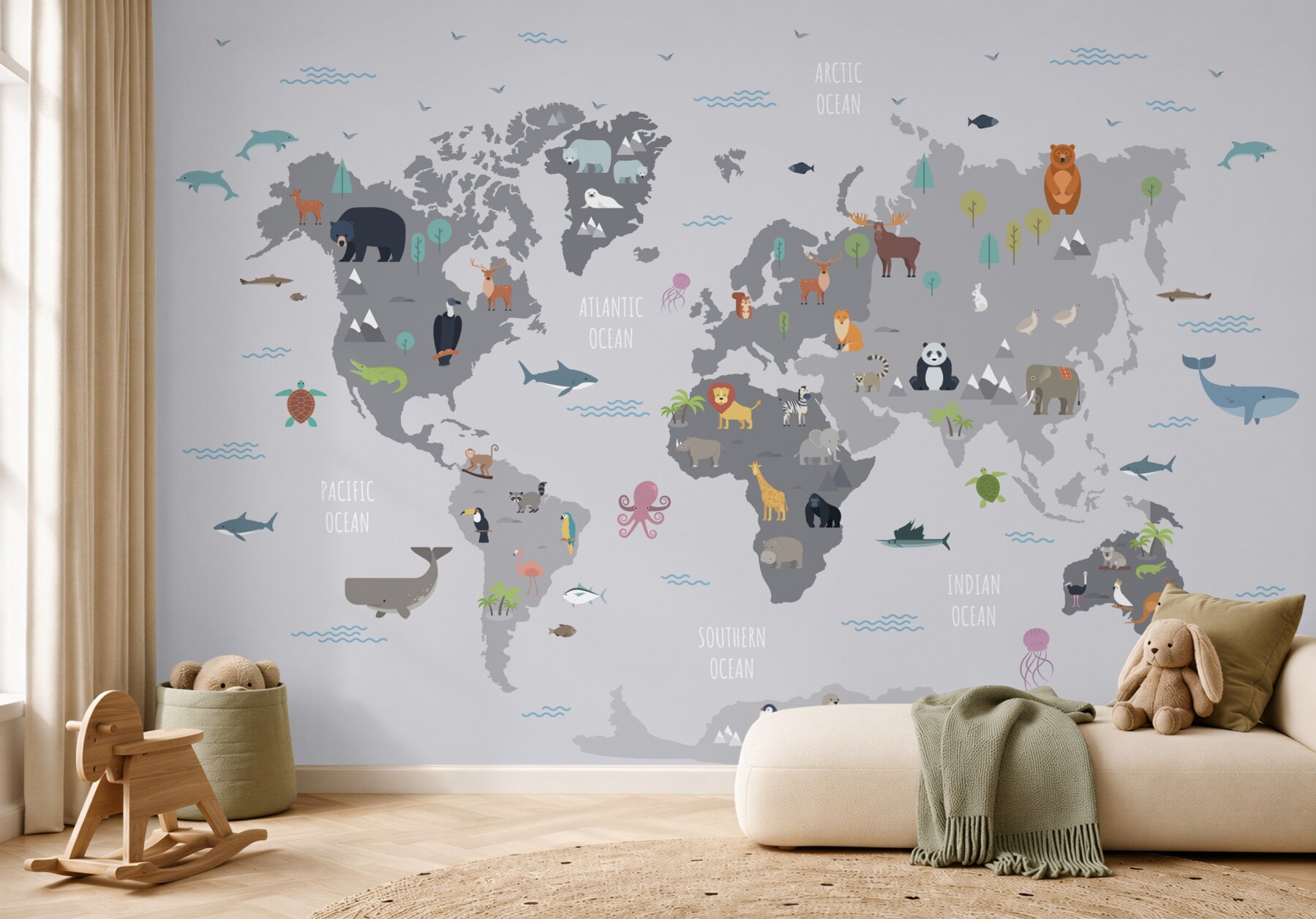 Papier peint carte du monde avec animaux en couleurs grises