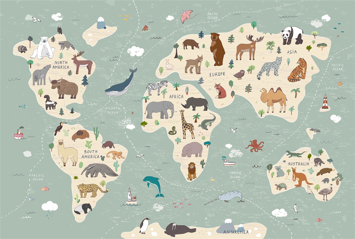 Papier peint plusieurs animaux sur la carte du monde