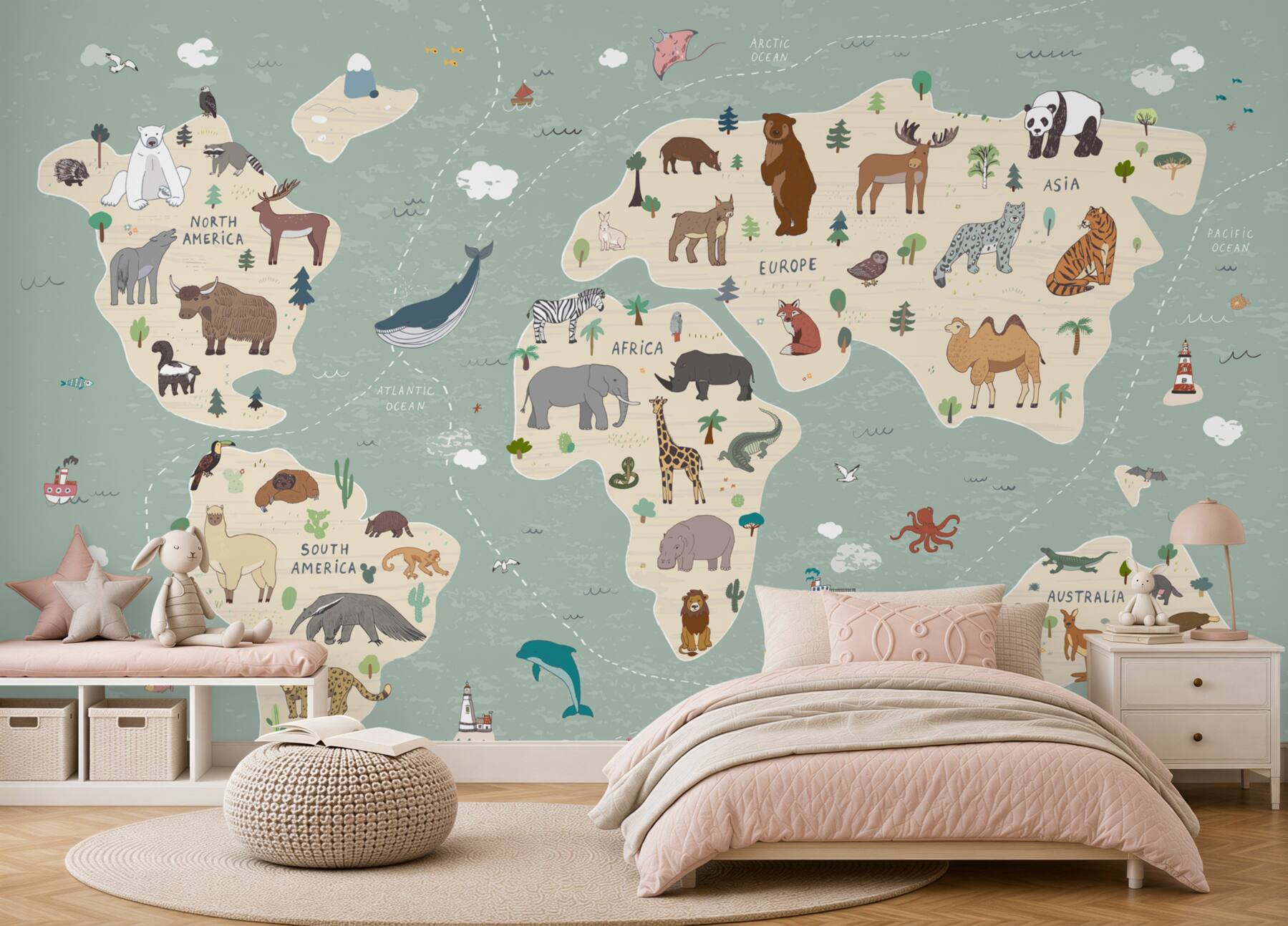 Papier peint plusieurs animaux sur la carte du monde