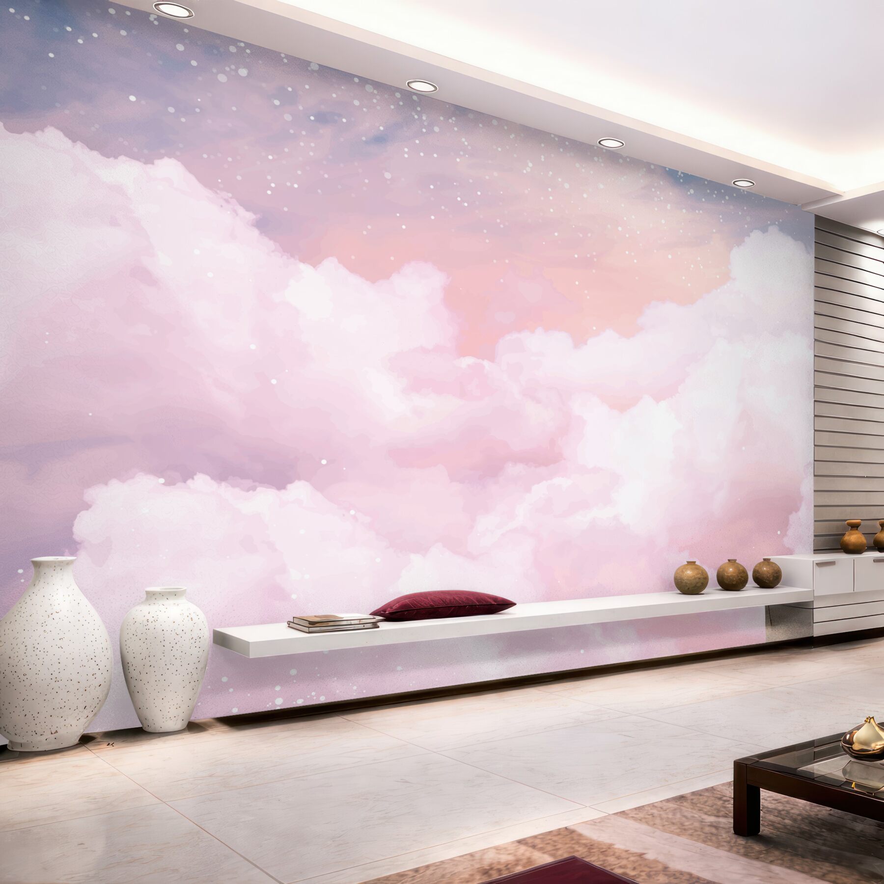Papier peint nuages roses délicats