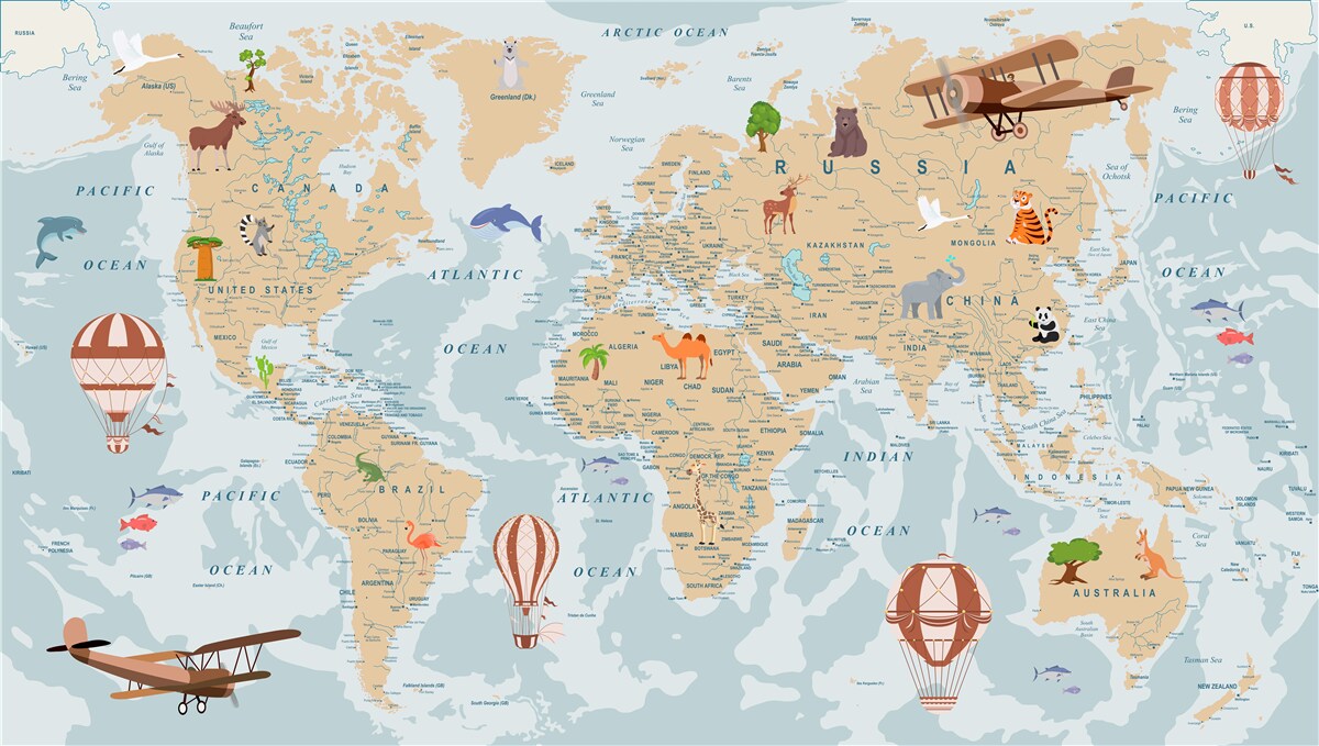 Papier peint carte du monde détaillée avec différentes images
