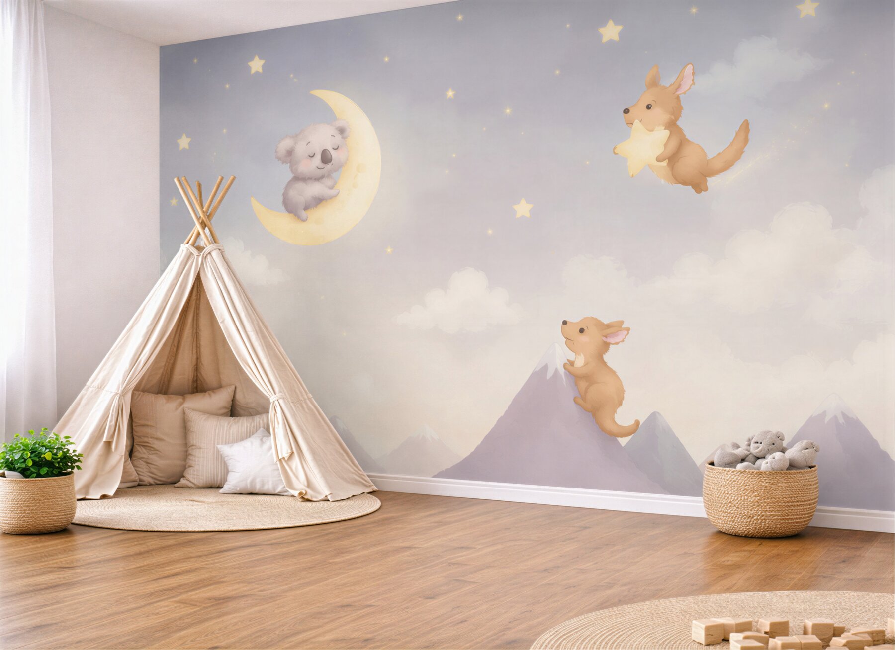 Papier peint animaux avec étoiles et lune