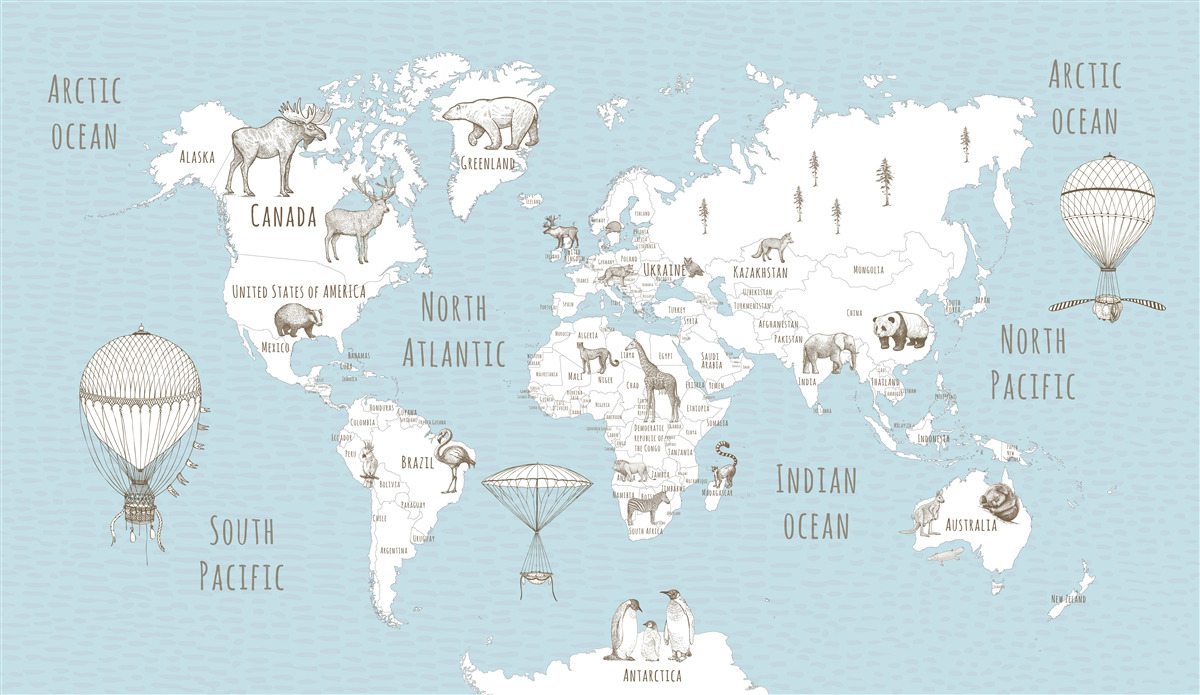 Papier peint carte du monde avec animaux et voitures volantes