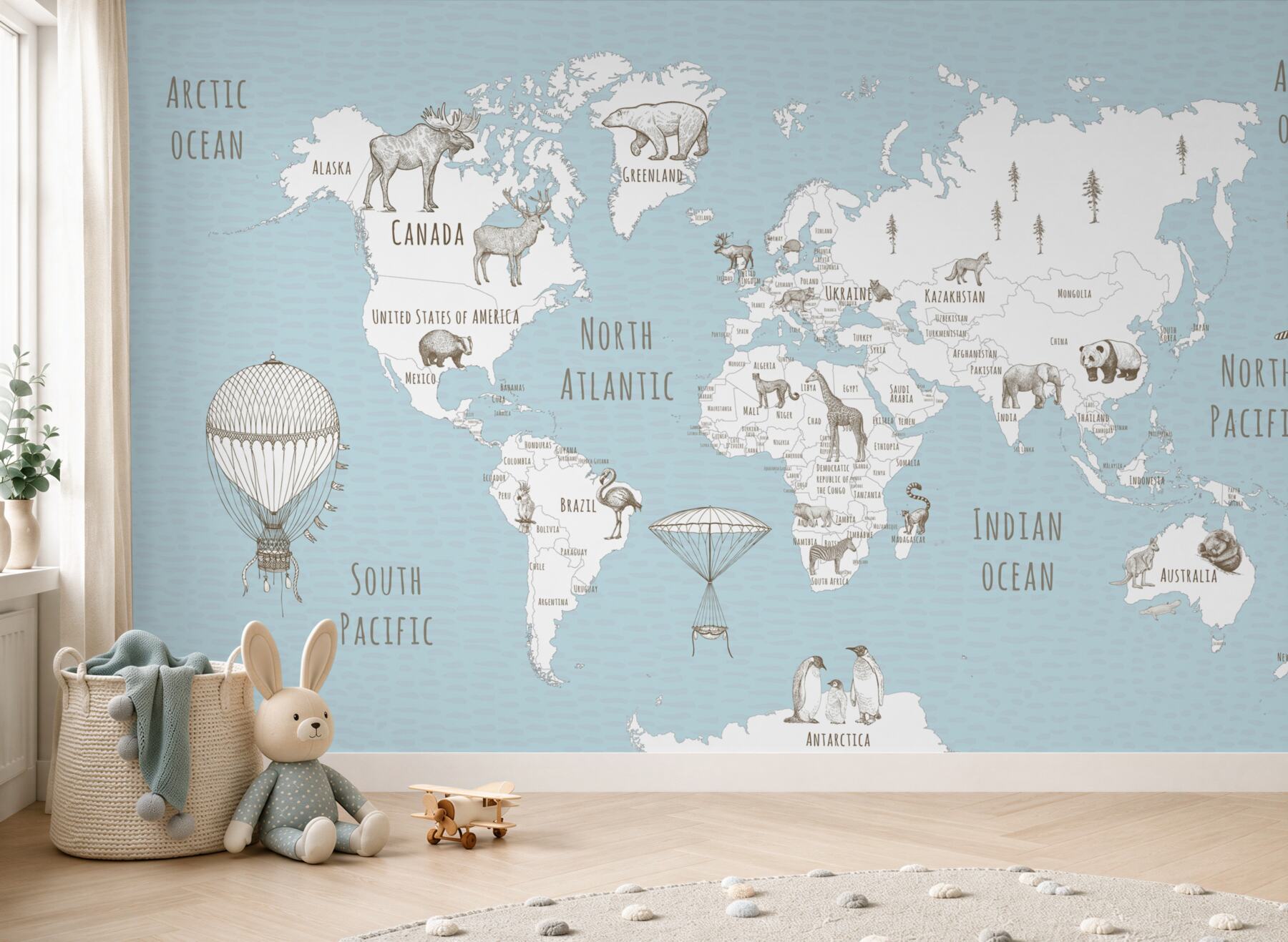 Papier peint carte du monde avec animaux et voitures volantes