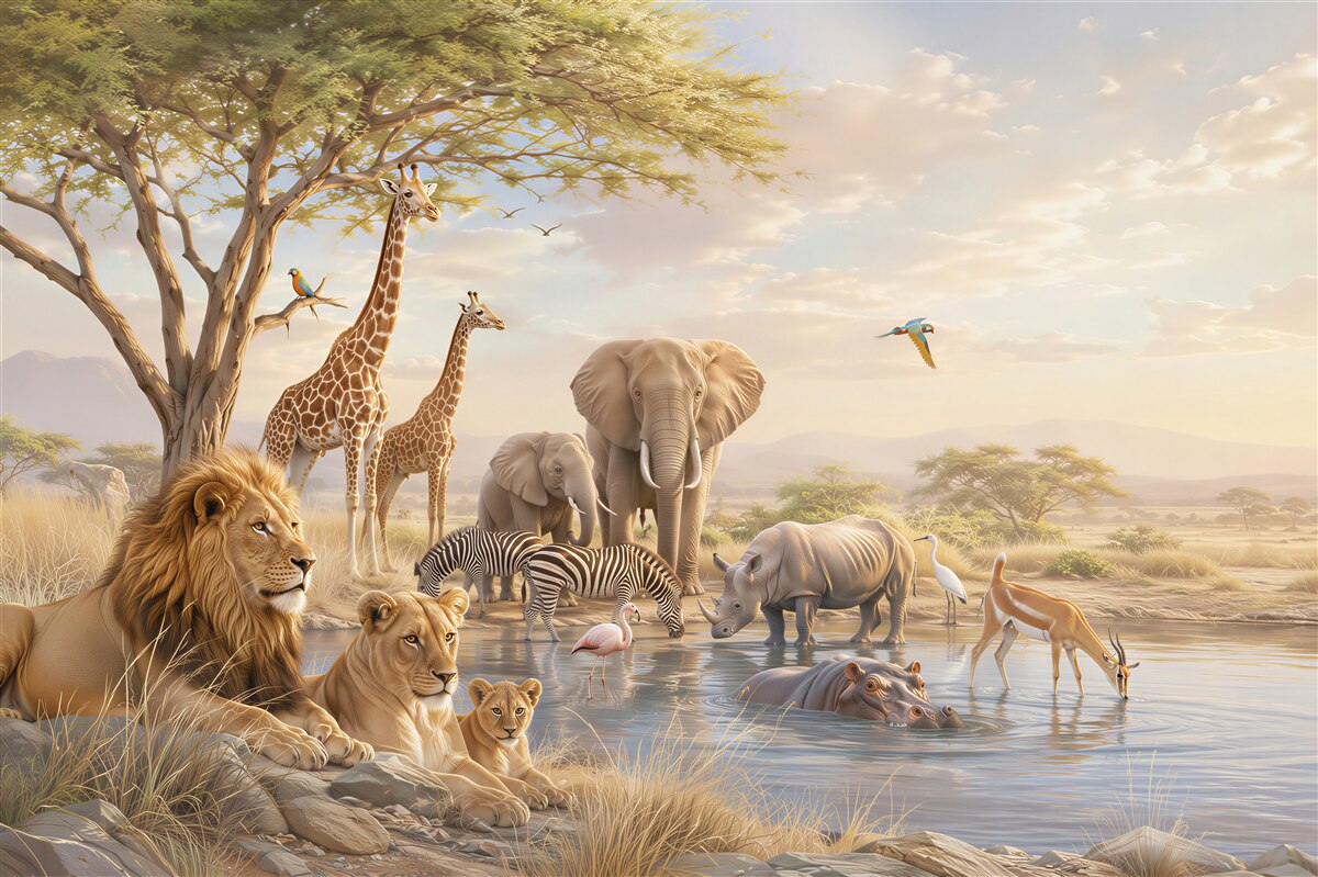 Papier peint animaux africains près d'un point d'eau