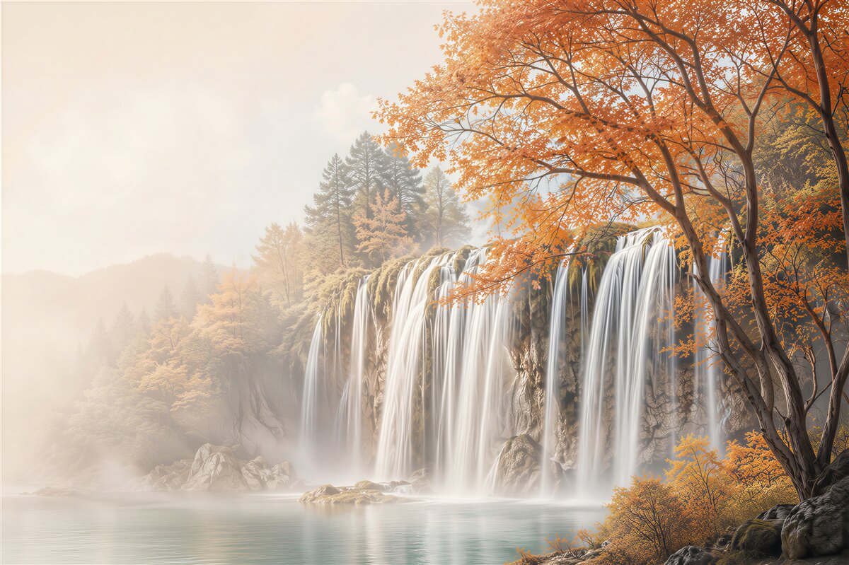 Papier peint forêt d'automne près d'une grande cascade