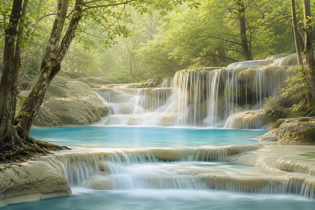Papier peint eaux claires et bleues d'une cascade forestière