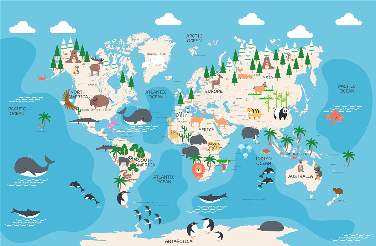 Papier peint carte du monde sur fond bleu
