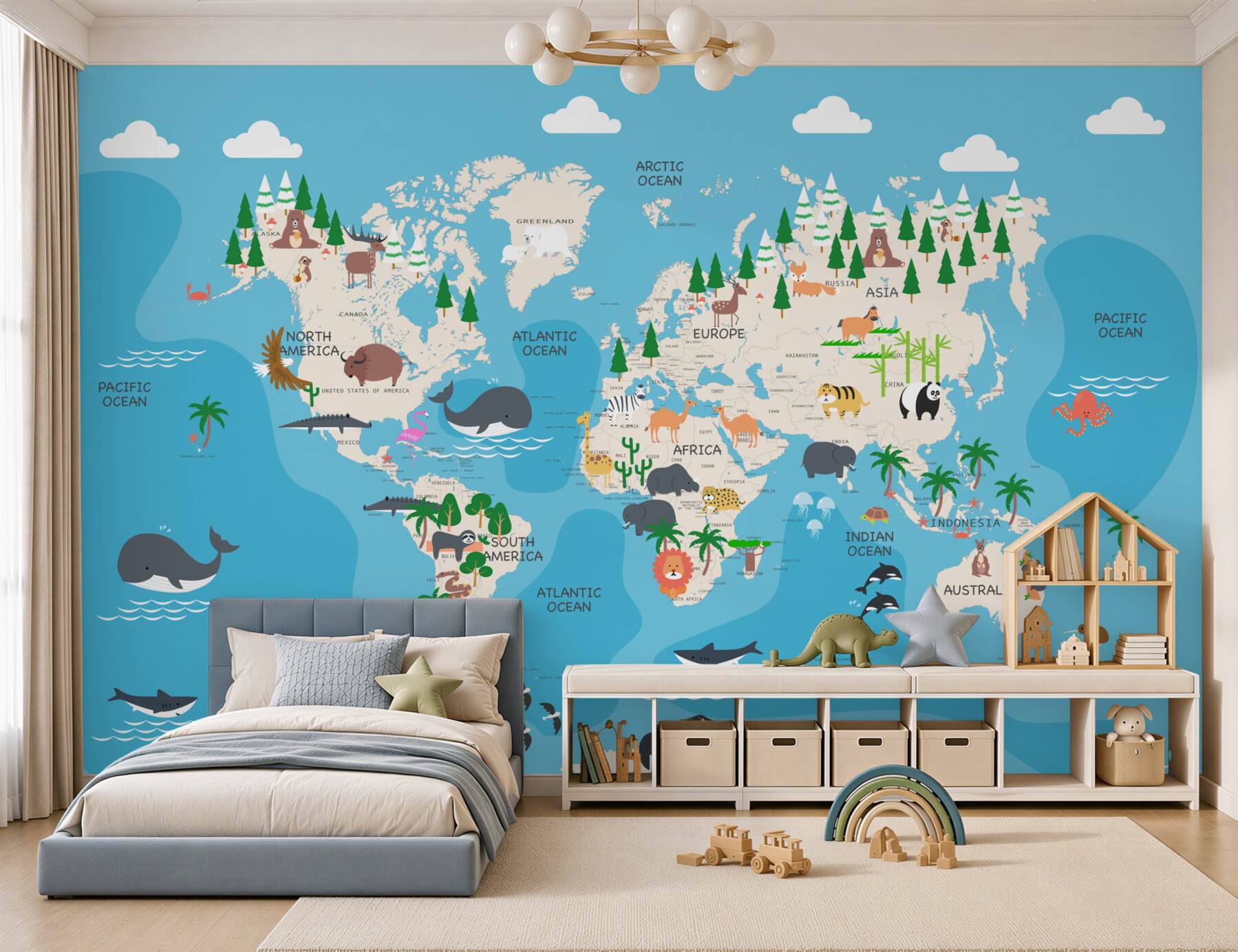 Papier peint carte du monde sur fond bleu