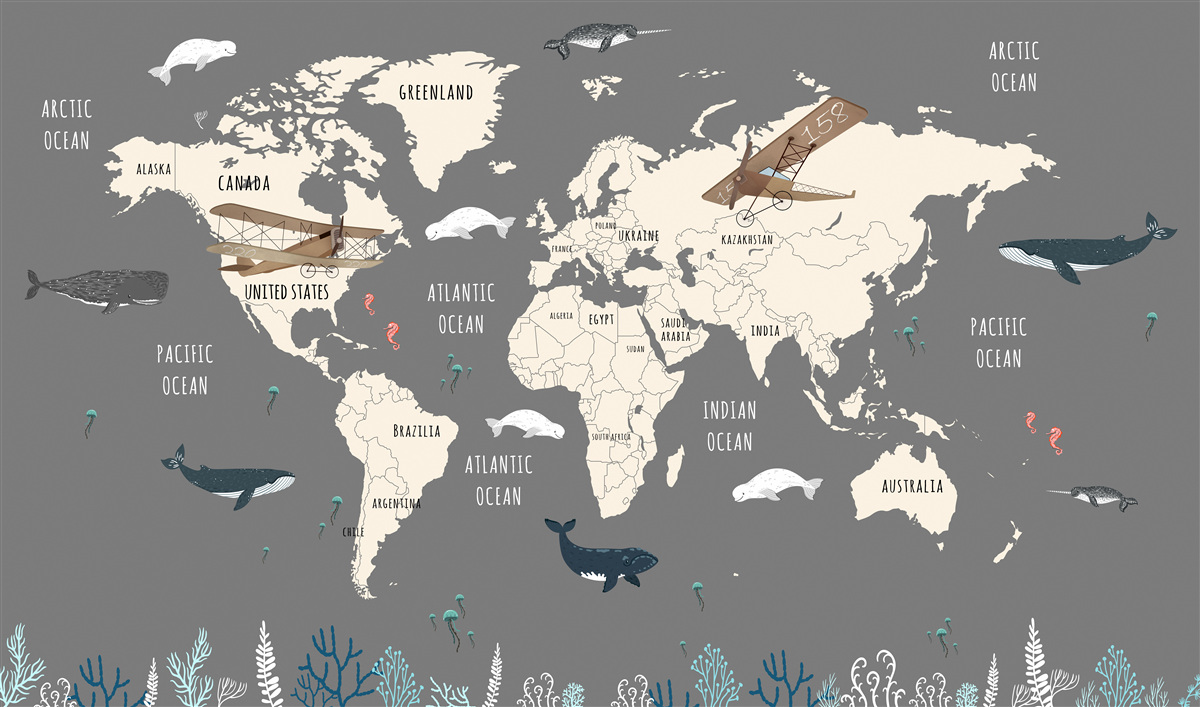 Papier peint Carte du monde avec animaux sous-marins