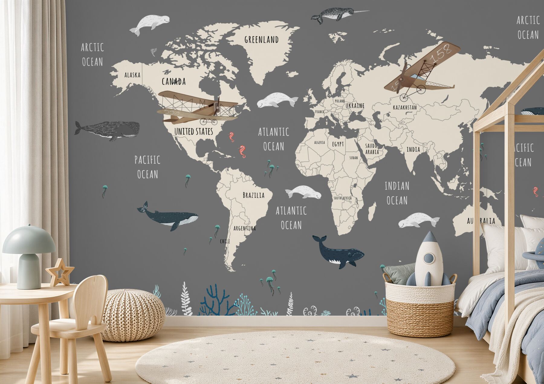 Papier peint Carte du monde avec animaux sous-marins