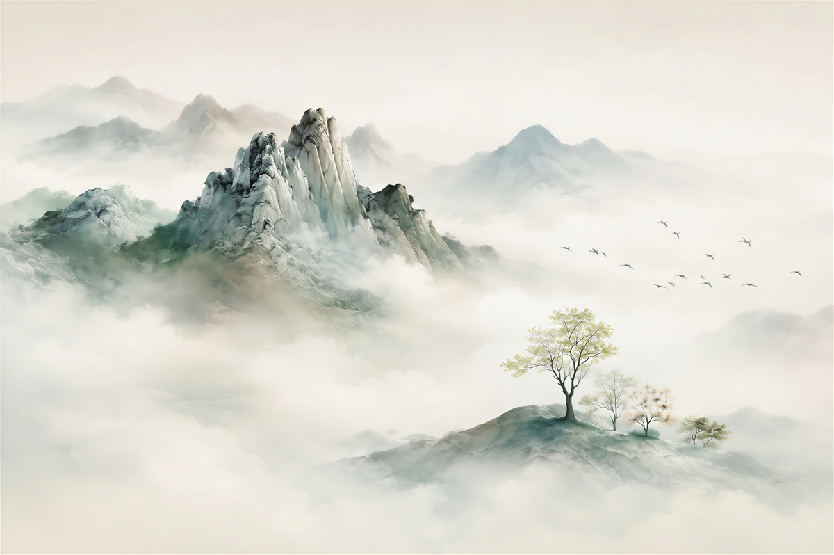Papier peint paysage de brouillard et montagnes rocheuses