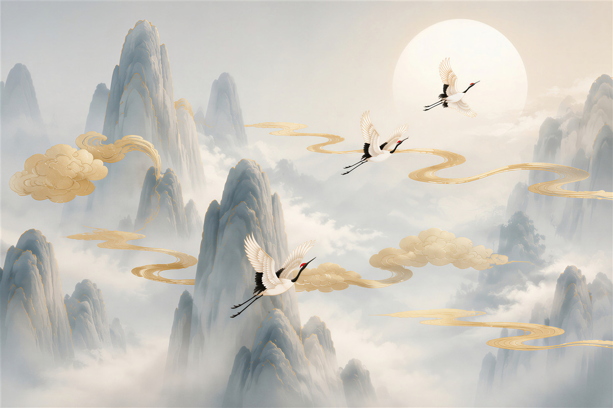 Papier peint grues volant au-dessus des sommets gris