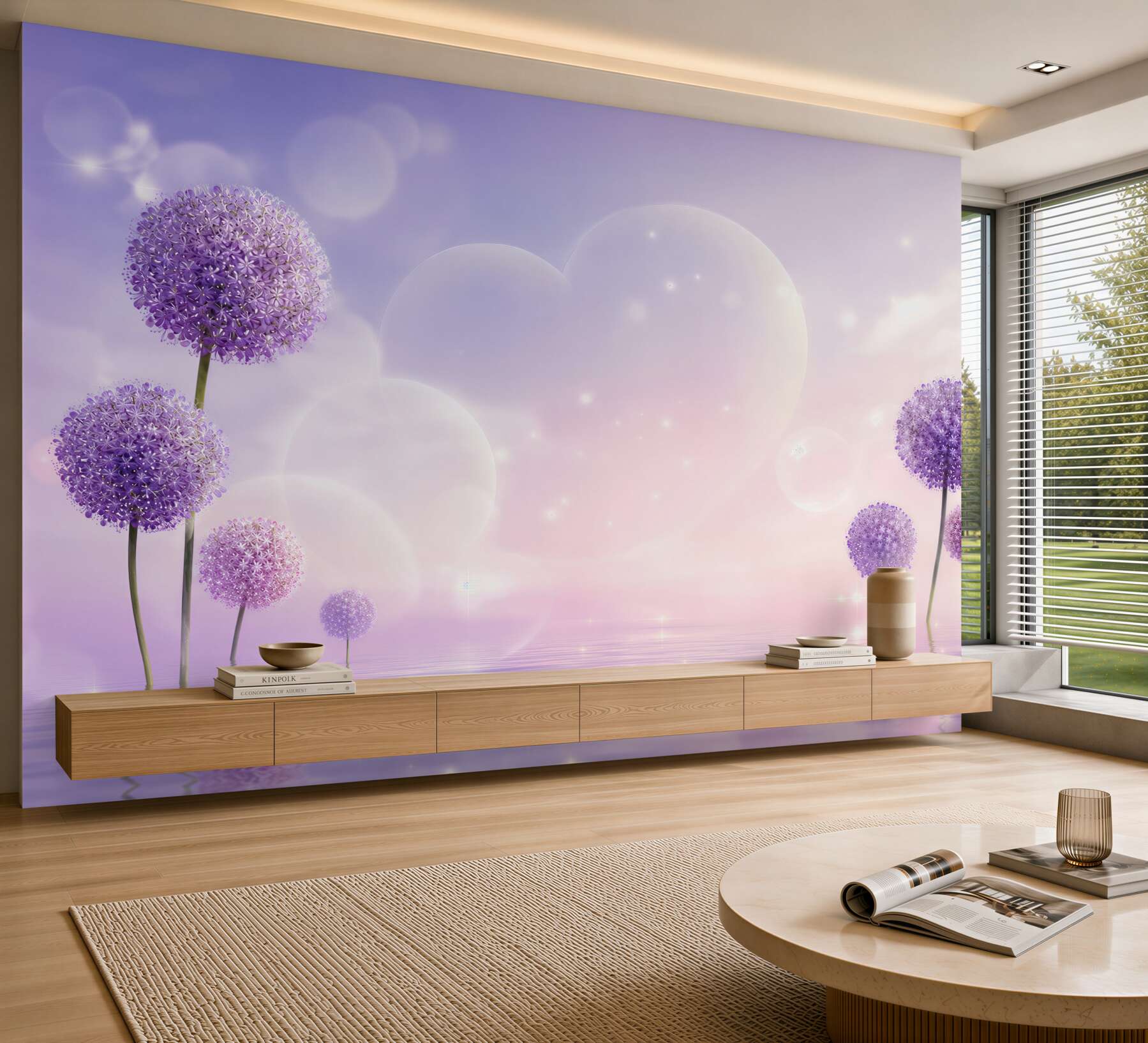 Papier peint fleurs violettes sur fond d'eau et de cœurs