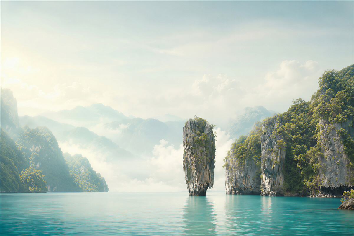 Papier peint fenêtre avec vue sur les falaises et les eaux calmes de la mer