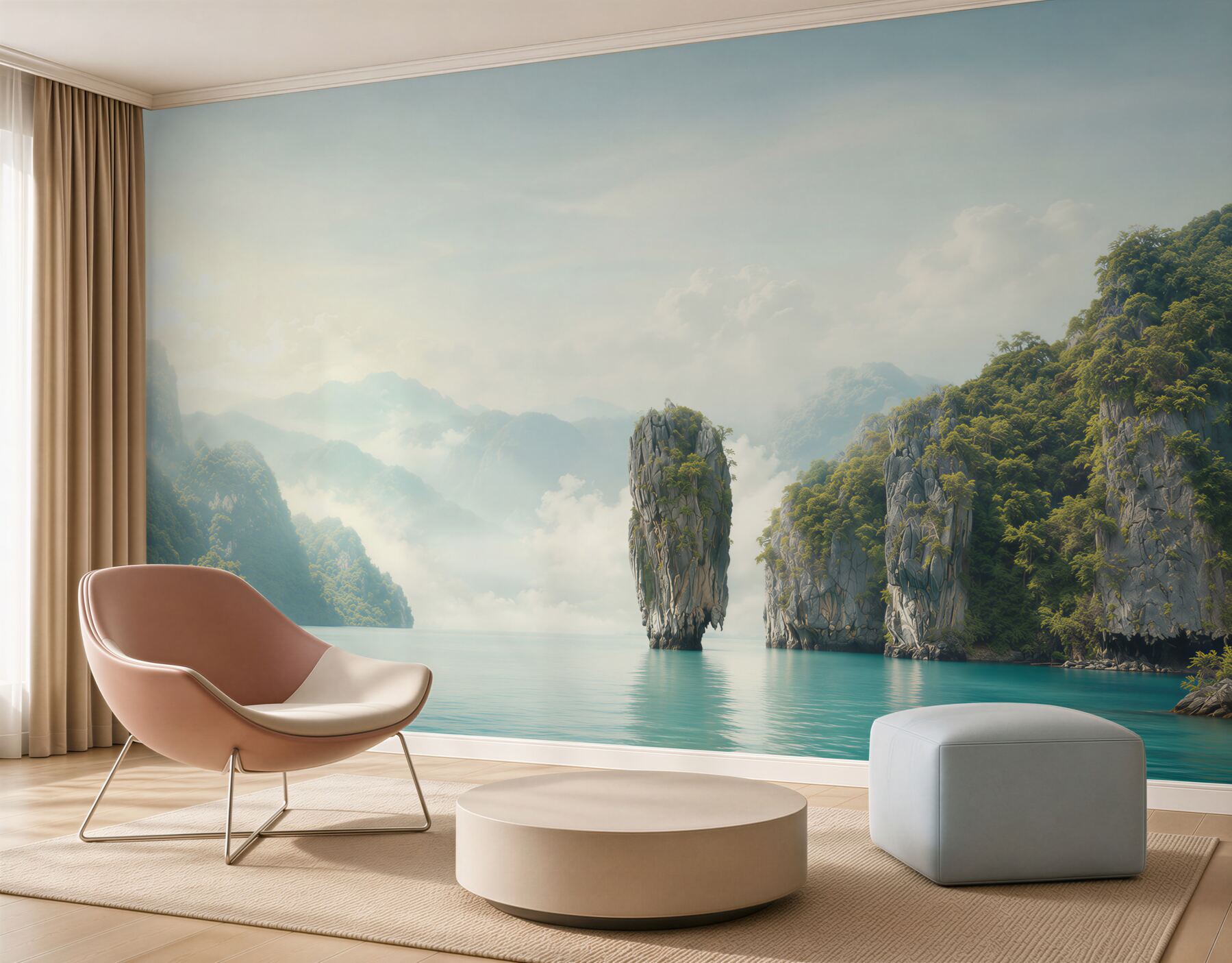Papier peint fenêtre avec vue sur les falaises et les eaux calmes de la mer