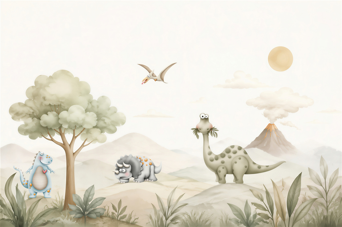 Papier peint Dinosaures marchant sur le fond d'un volcan
