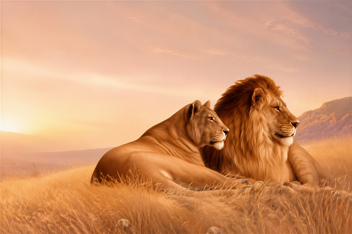 Papier peint famille de lions regardant les enfants