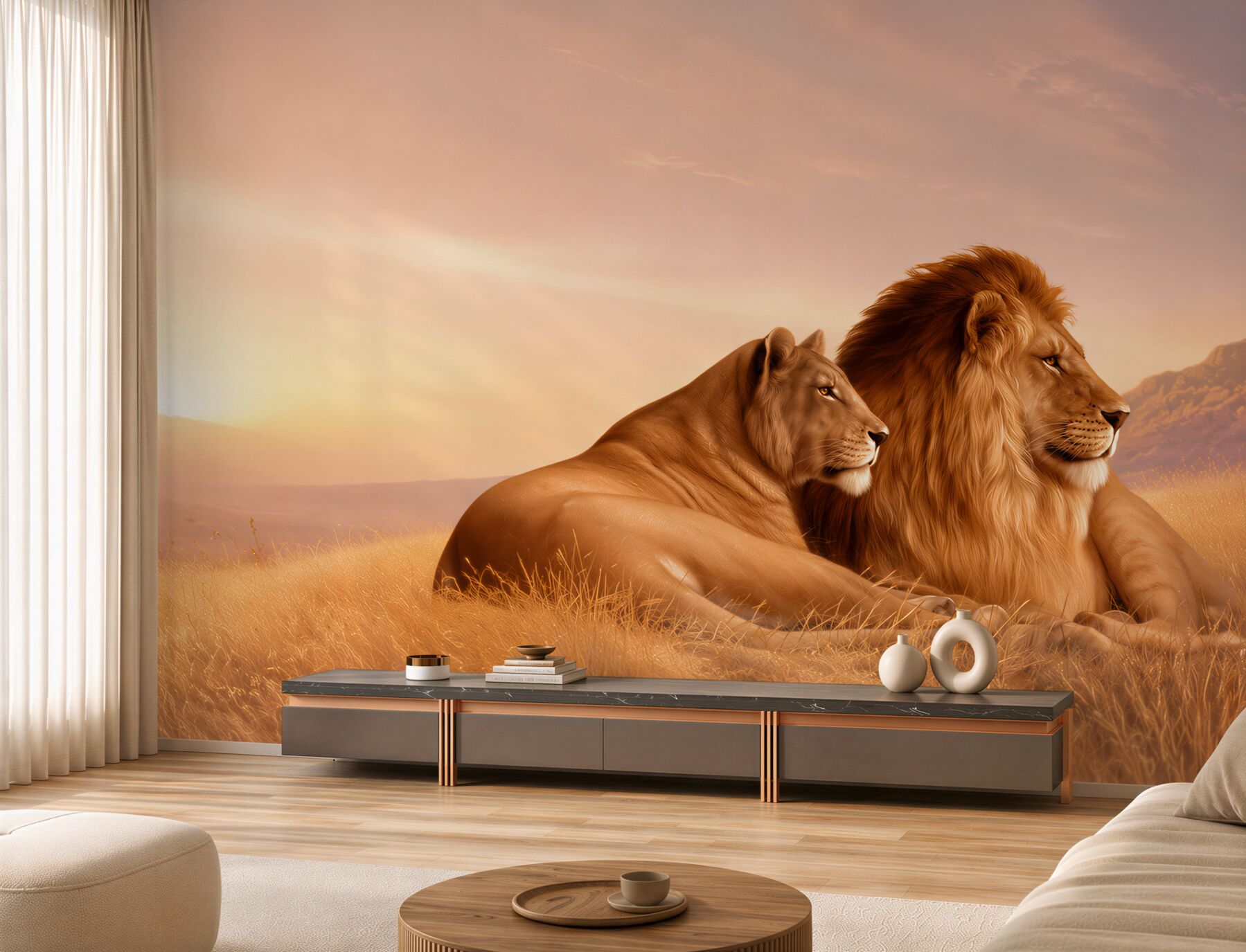 Papier peint famille de lions regardant les enfants