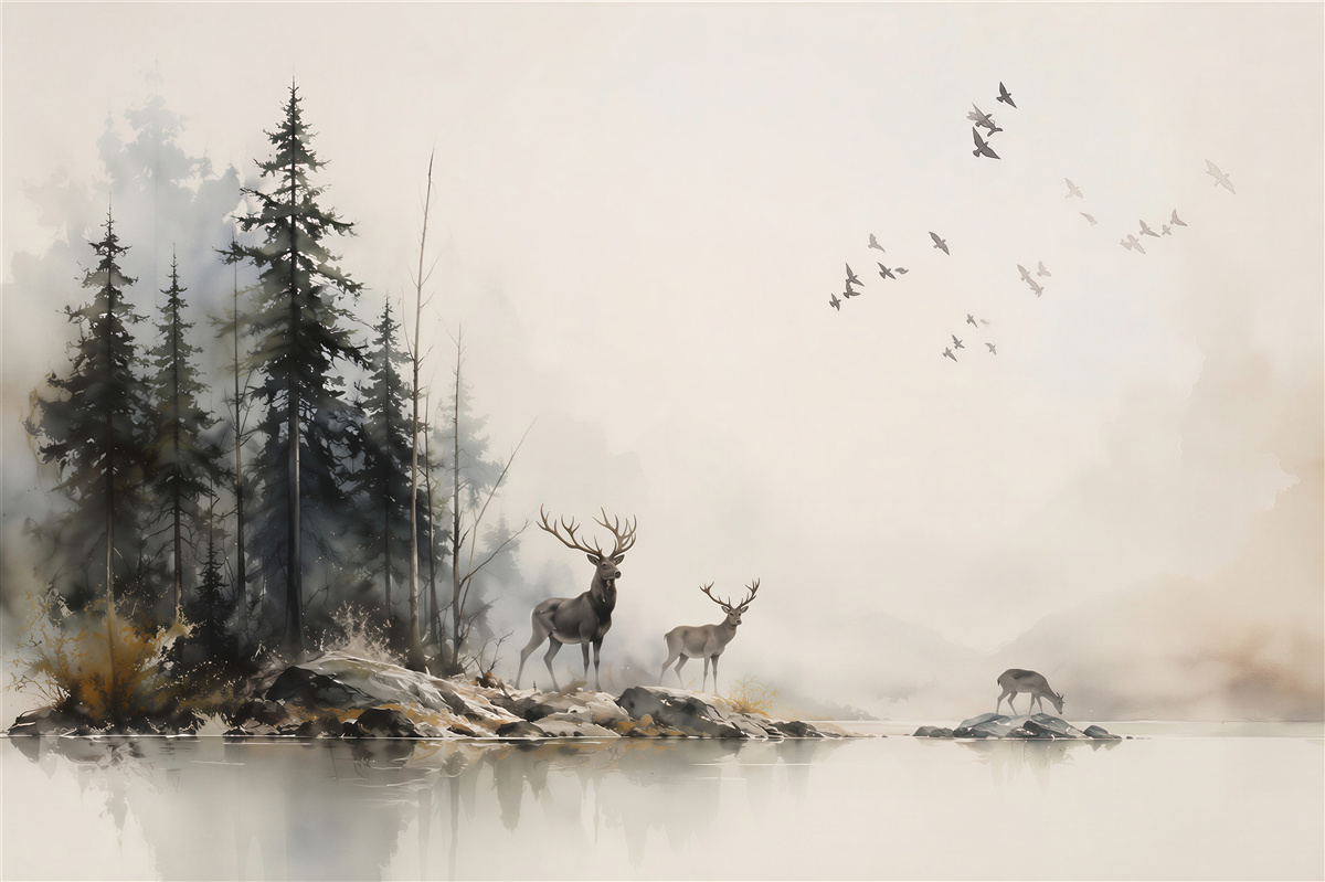 Papier peint cerf accompagnant un groupe d'oiseaux