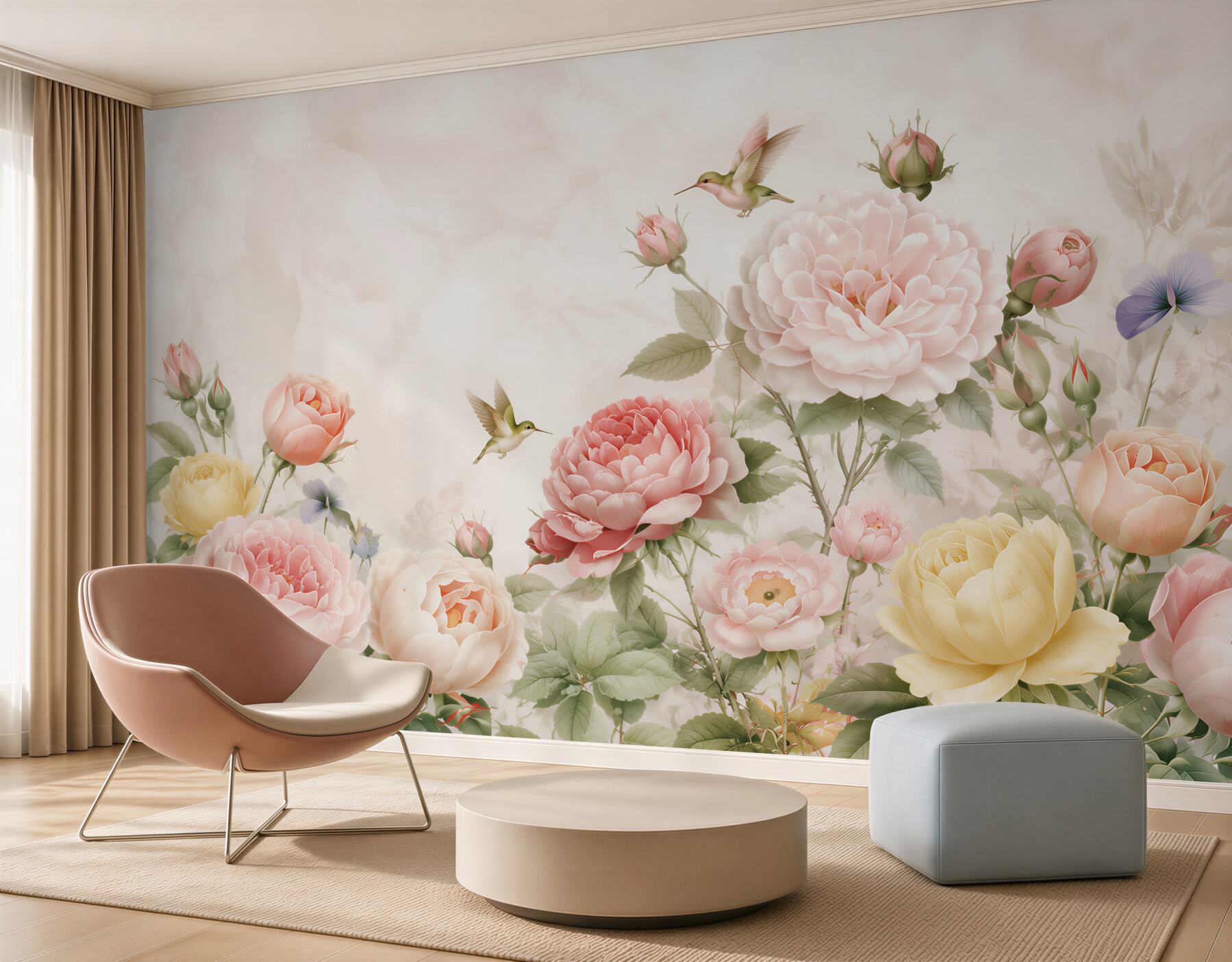Papier peint composition lumineuse de fleurs d'été et de feuilles vertes