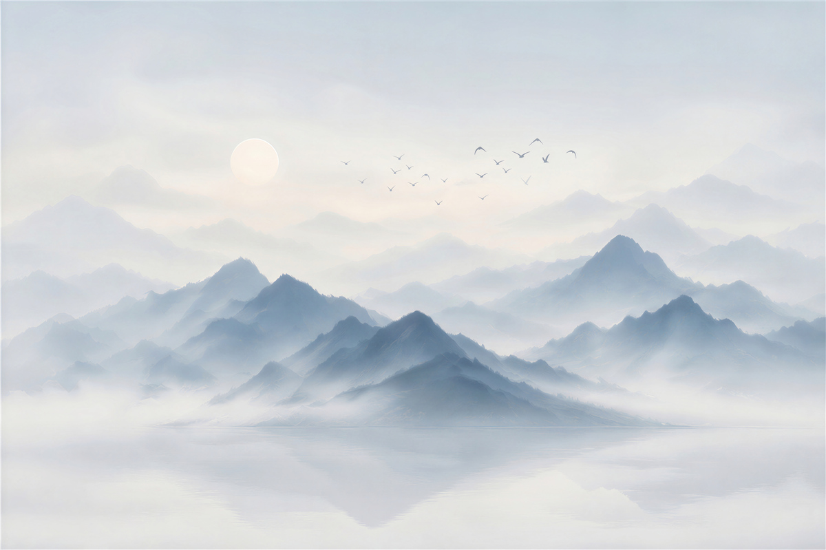 Papier peint épaisse brume dans les montagnes et un pêcheur solitaire