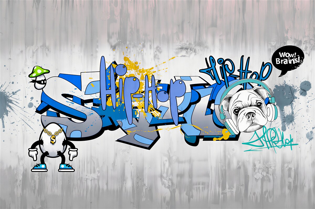 Papier peint chien avec graffiti et écouteurs